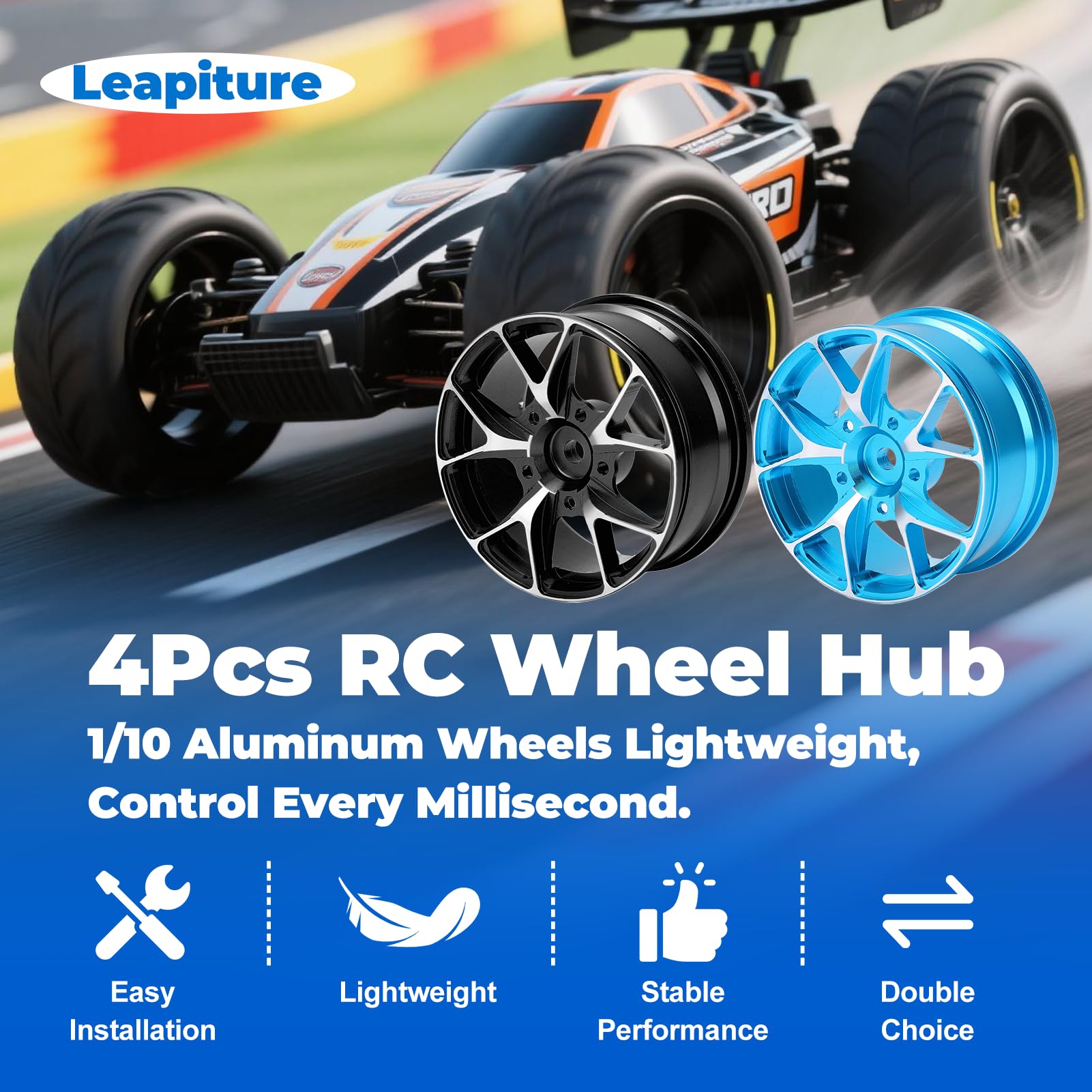 4 pz Ruote RC Resistente All'Usura Alluminio Diametro 52mm RC Accessori Cerchio Auto per 1/10 Piatte Auto Sportiva Strada Auto e Deriva Auto Da Viaggio Modello di Ruote Giocattoli (Blu)
