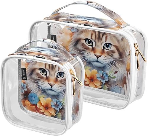 Miniatura 2 de Watercolor Flowers Floral Cat Clear Toiletry Bag for Traveling,2 Pack Makeup Cosmetic Bag with Zipper,Travel Bag for Toiletries,Travel Essentials