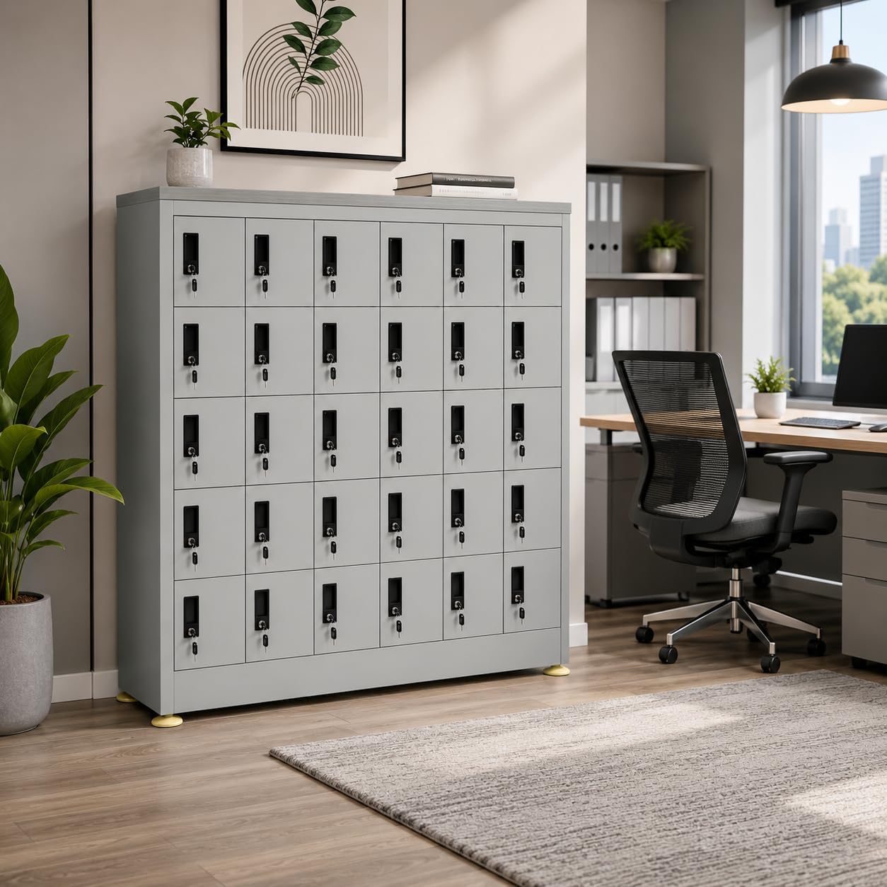 Amazon Brand - Solimo 30-Door Mobile Locker Cabinet Lockable Heavy-Duty Steel Cabinet Compartments for Phones Wallets & Valuables Ideal for Office, School, Gym, Warehouse (Grey)-image-35