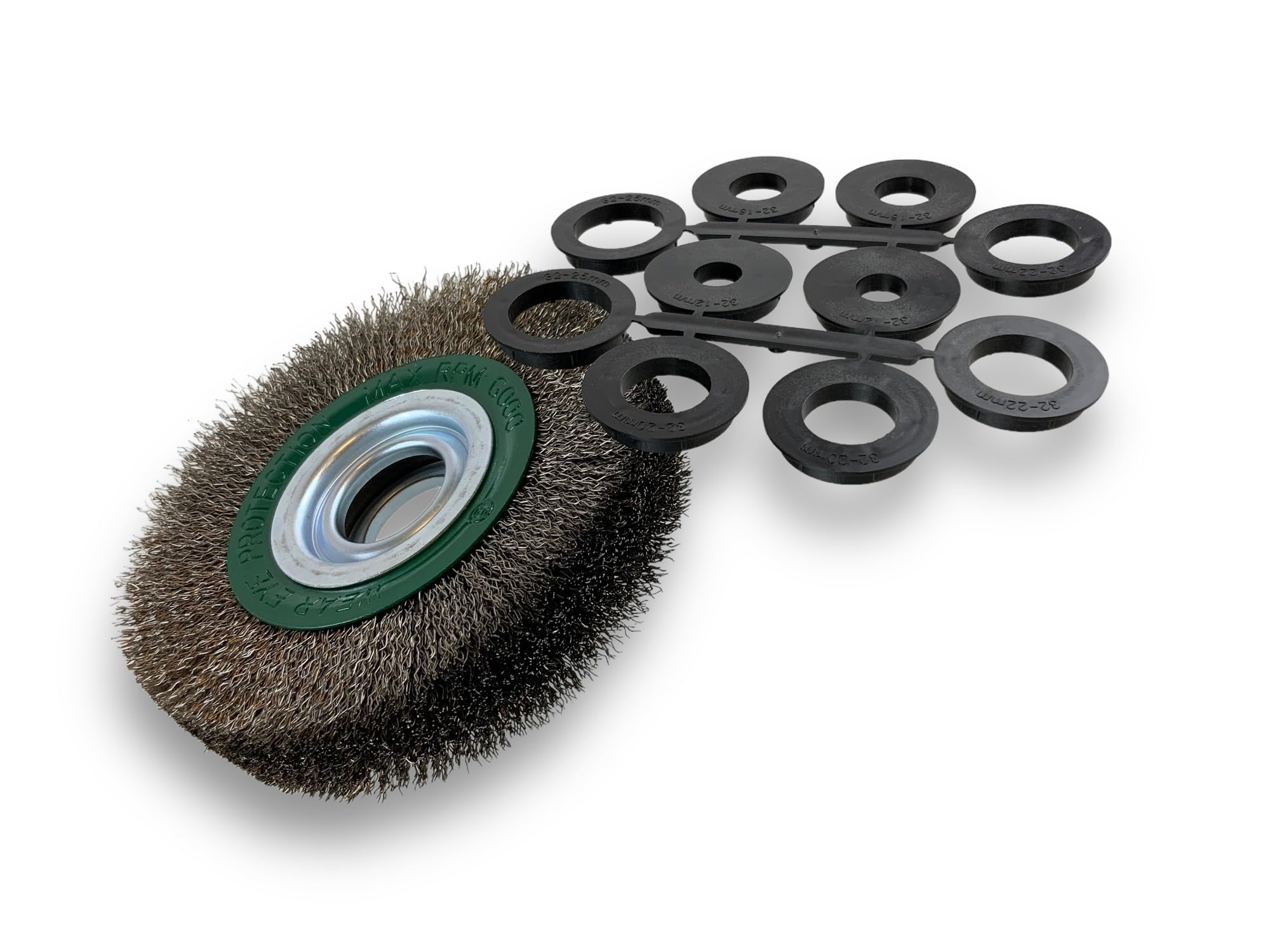 Brosse circulaire INOX | Ø 150 mm | Epaisseur 3 rangs | Fil dur 0.30 mm ondulé | Alésage 32 mm + réducteur bague 25/22/20/16/12 mm | Touret meuleuse affûteuse ponceuse | Kibros 235153IT
