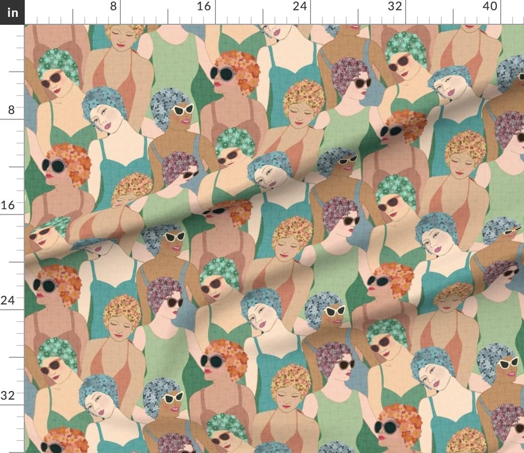 Spoonflower Fabric - Art Deco Ladies Swimming Lake House Swim Cap Summer Camp Women Outdoor Printed on Petal Cotton Fabric Fat Quarter - Sewing Quilting Apparel Crafts Decor