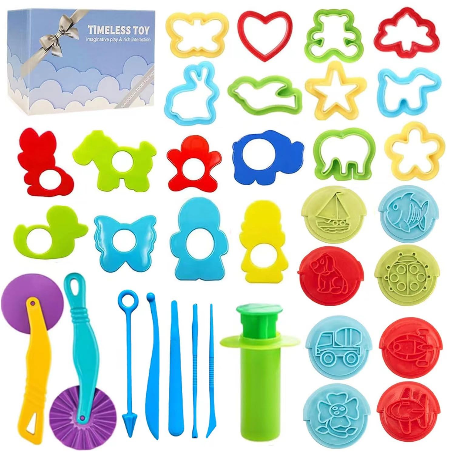 Dough Tools Play for Kids- Toy Set Accessories with Stamps Cutter Rolling Pin Extruder Molds and Storage Box Party Favors Set for Age 2-8