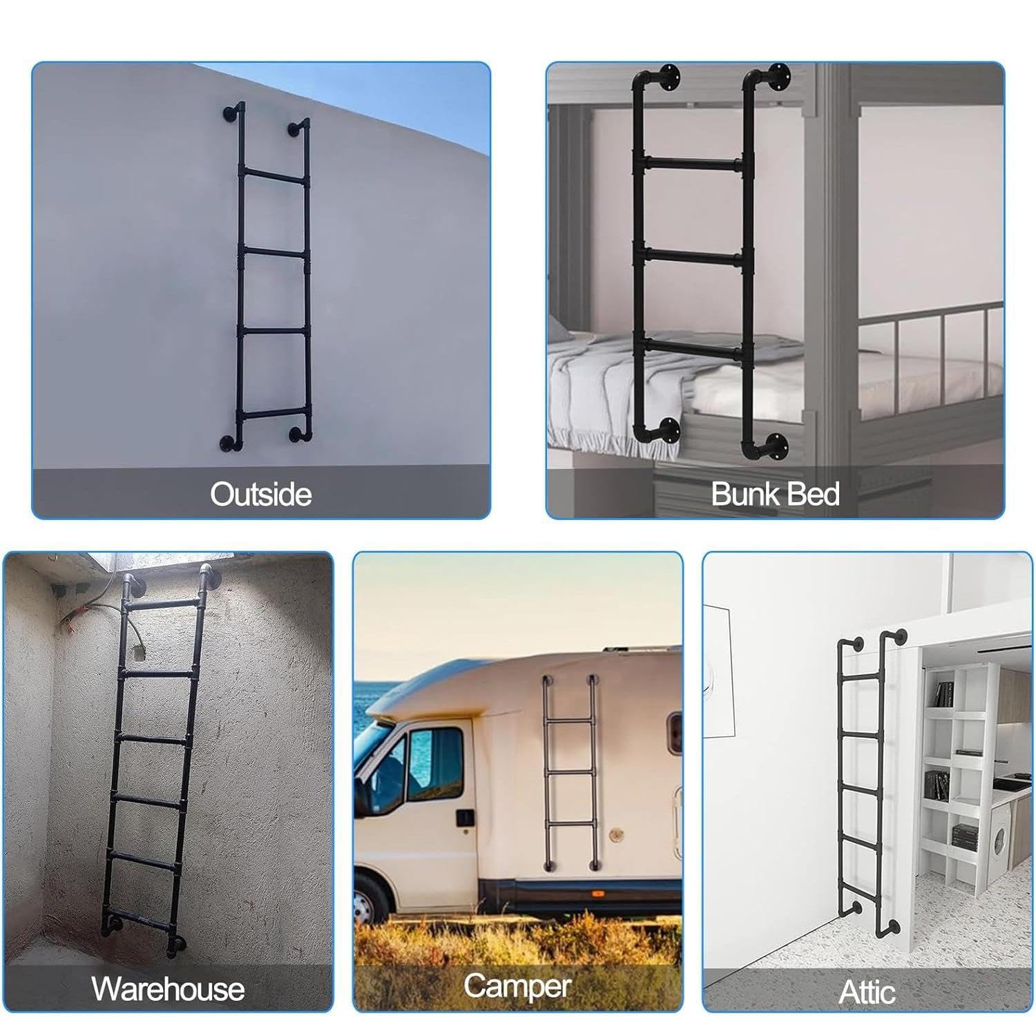 Escalera antideslizante, escalera de escape de incendios de hierro de Metal ferroso montada en la pared, escalera de seguridad del techo al aire libre con camión ático pesado de 330 libras,Black-1.4M