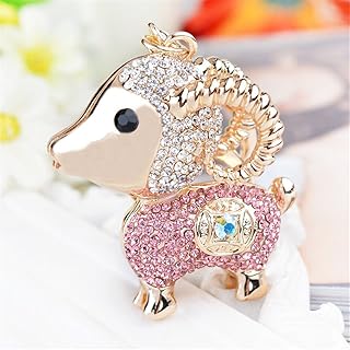 Crystal Goat Sheep Coin Keychain Sparkling Keyring Crystal Rhinestones Purse Pendant Handbag Charm (Pink)