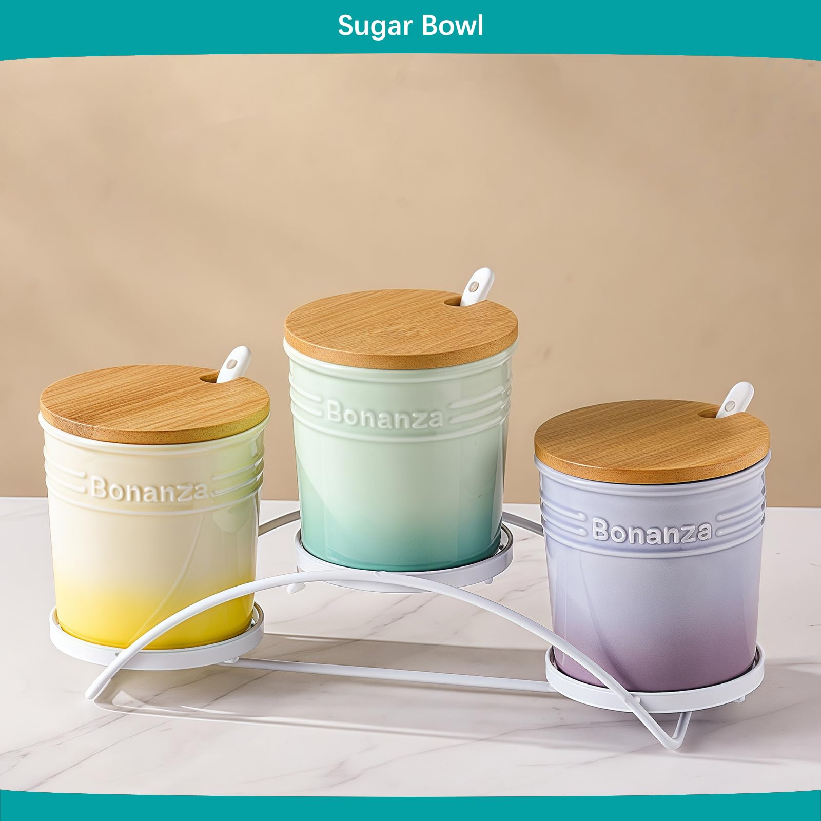 Sucrier avec couvercle et cuillère, lot de 3 pots de rangement, récipient à sucre, pot à sucre, sucrier (A)