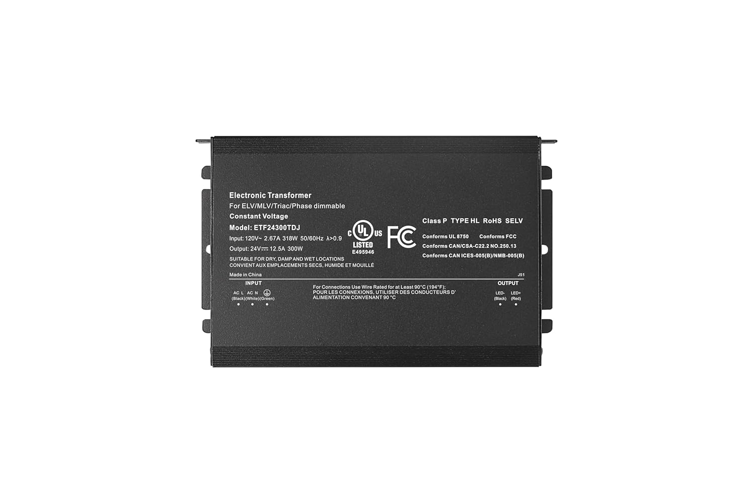 ETF-TDJ 24V 300W LED Driver, TRIAC/ELV/MLV Dimmable Transformer, 120V AC to 24V DC Constant Voltage Power Supply, UL Listed, Wet Location Rated for LED Strip Lights
