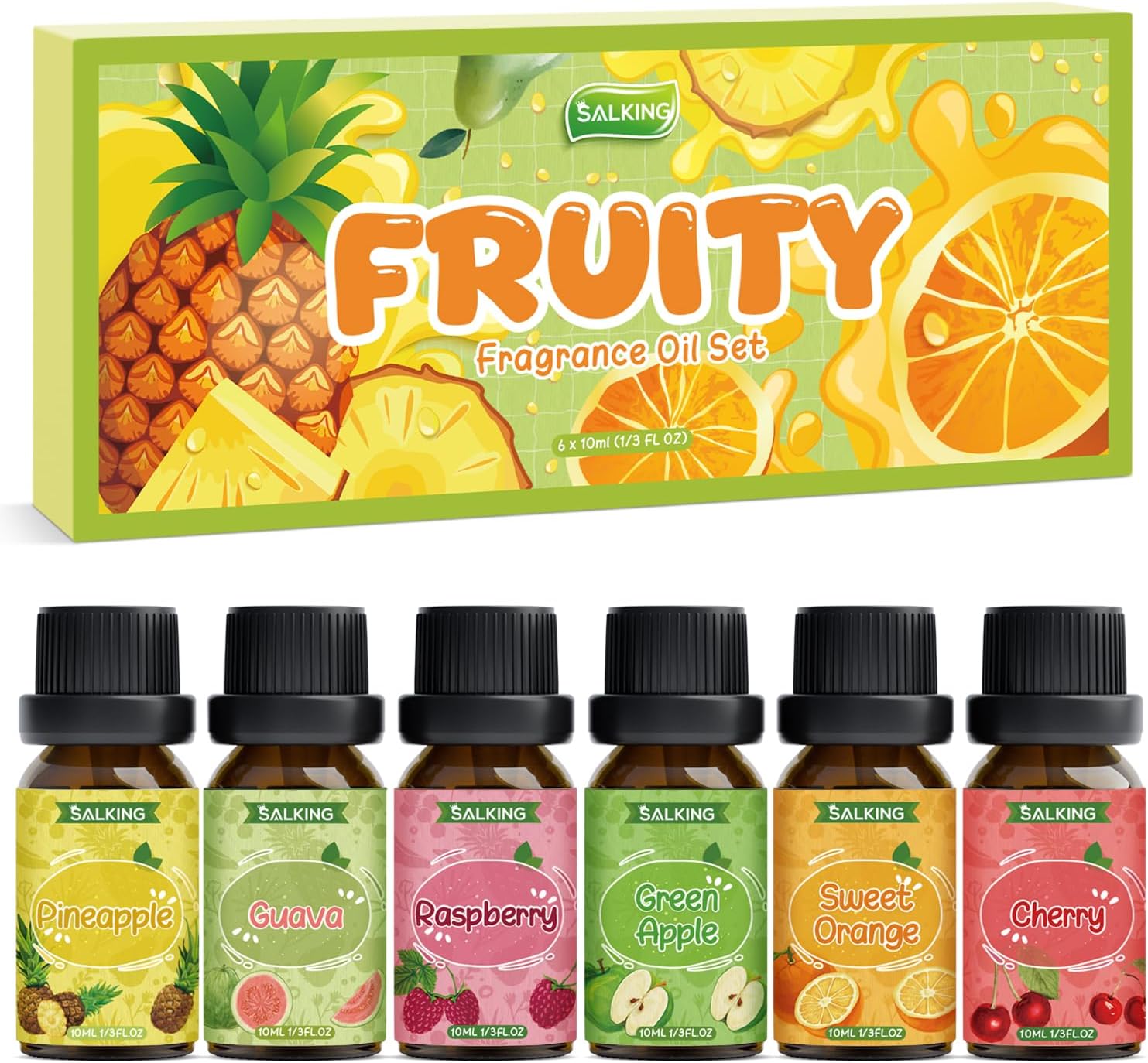 SALKING Fruity Essential Oils Set - Pineapple, Guava, Raspberry, Green Apple, Orange, Cherry Fragrance Oils for Diffusers, Candles & Aromatherapy
