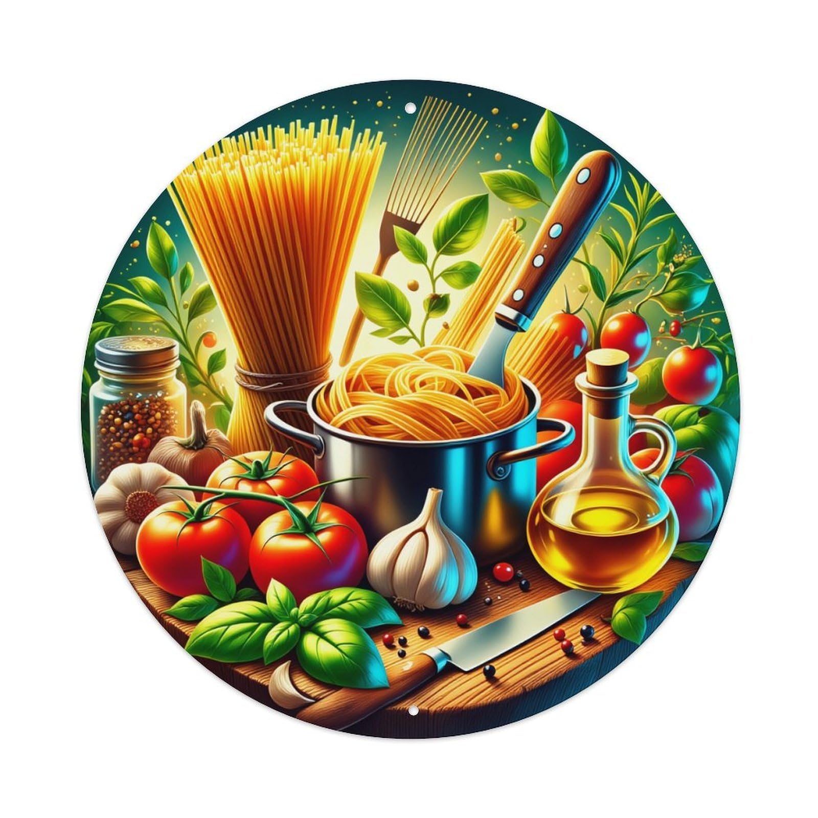 Pasta Tomatoes Garlic Basil Olive Oil Round Tin Sign Vintage Metal Poster, Home Bar Garage Man Cave Cafe Indoor & Outdoor Wall Decoration 8x8Inches