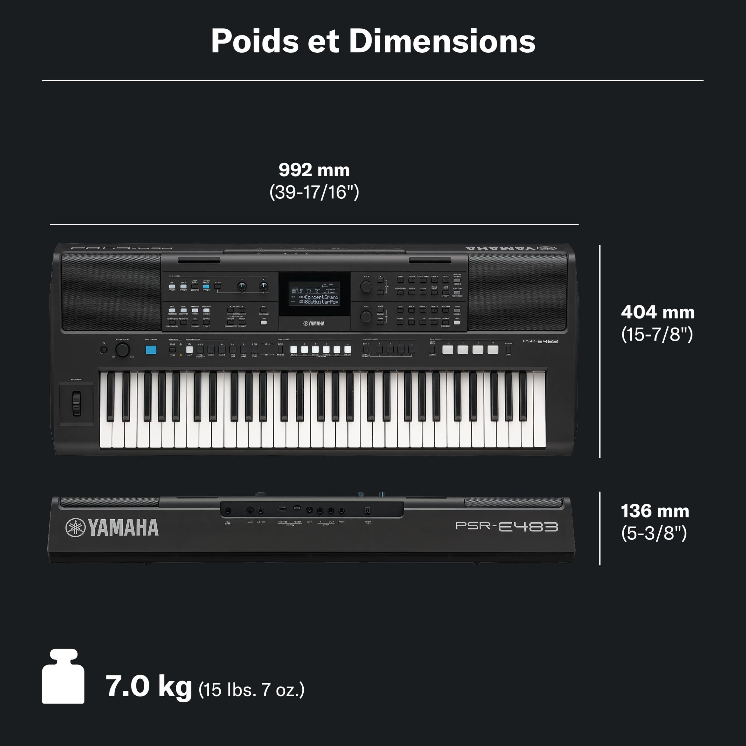YAMAHA PSR-E483 Keyboard – Clavier Portable Moderne avec 61 Touches Sensibles, 860 Voices dont 15 Super Articulation Lite, 345 Styles, Haut-Parleurs Puissants et USB-C – Noir