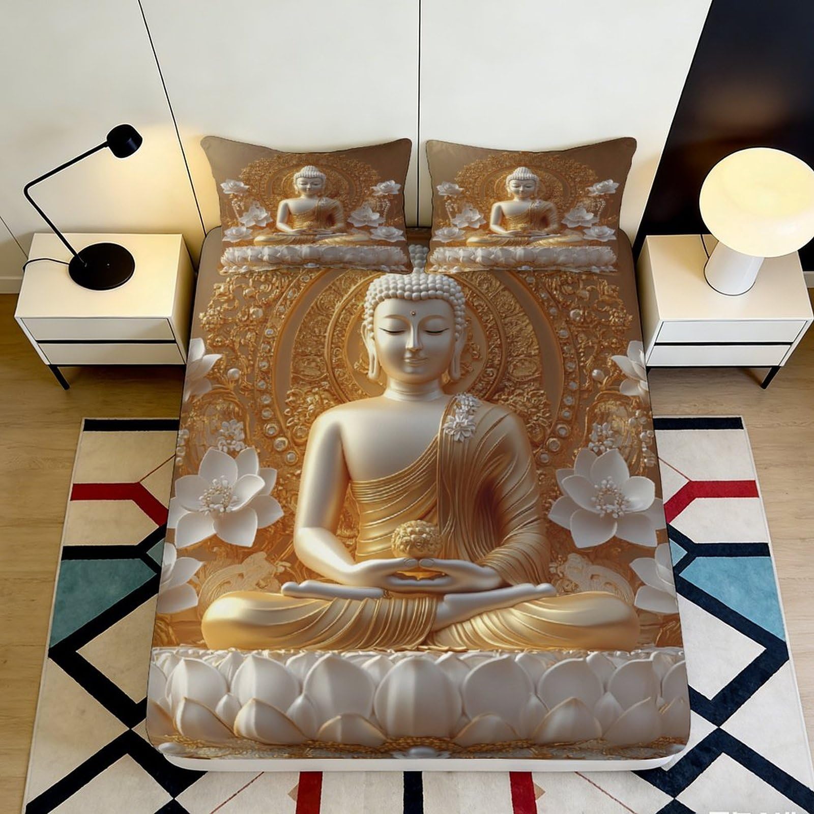 3D Printed Golden Buddha Fitted Sheet Microfiber Soft Breathable Lotus Flower Bed Cover for Bedroom Dormitory Guest Room Mattress Protection Decor 160x200x25cm