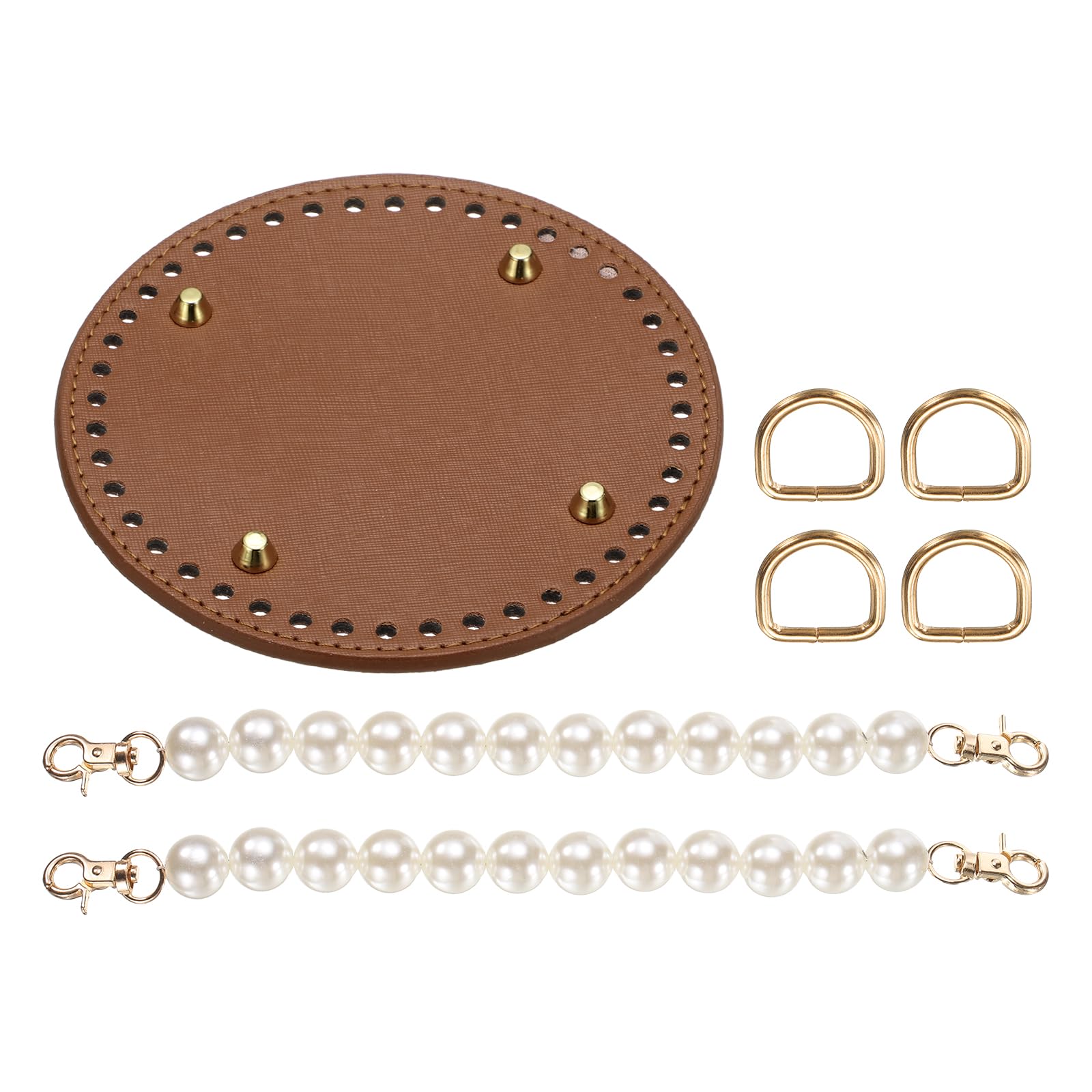 sourcing map Crochet Bag Making Kit, 5.9 Inch Round PU Leather Bag Bottom with 2Pcs Pearl Bag Handles and 4Pcs Buckles for DIY Crochet Bag Shoulder Bag Purse Making, Brown