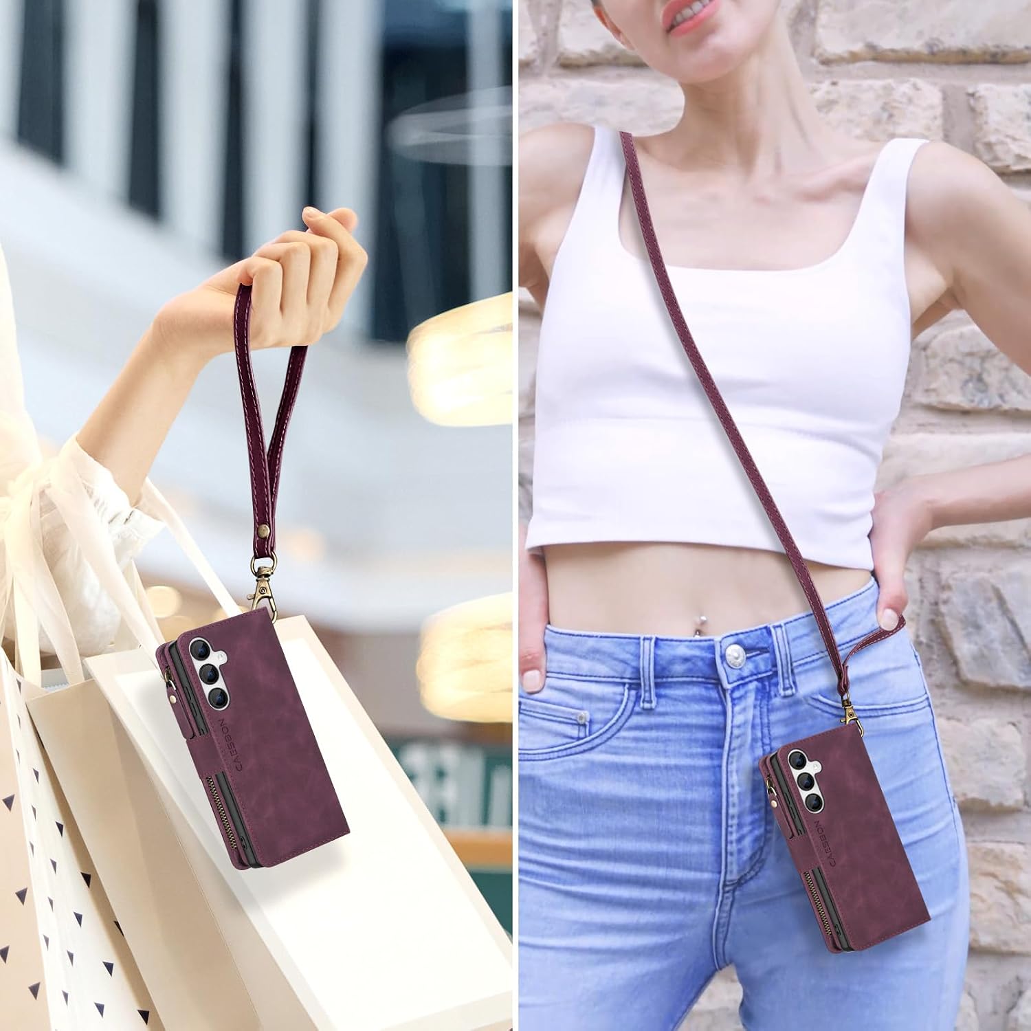 for Samsung Galaxy A16-5G-Wallet Case: with RFID Blocking Card Slots (6 Cards) | Soft PU Leather Magnetic Snap Zipper Pocket | Crossbody Wrist Strap Protective Phone Cover - Claret
