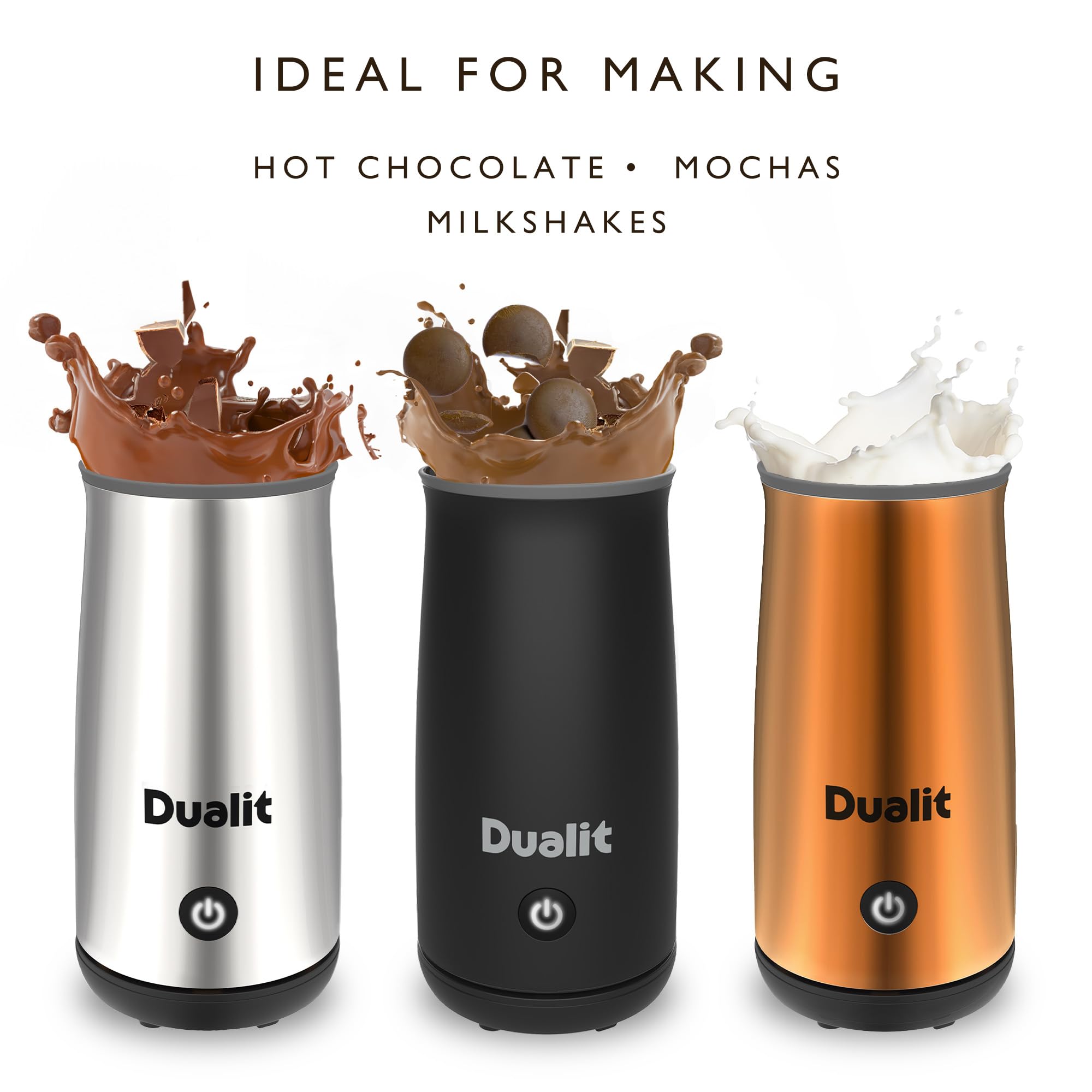 Dualit Macchina per cioccolata calda e montalatte - Capacità 250 ml - Polvere, bottoni e cioccolato grattugiato - Vellutata in 3 minuti - Caraffa senza fili - Cromato