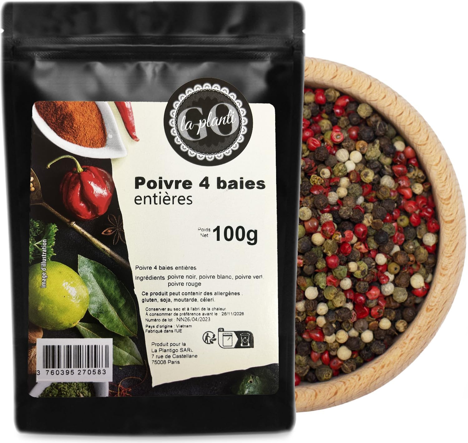 Poivre 4 baies entières 500 g - LA PLANTIGO Mélange de poivres, Poivre à 4 Baies mélange, Mélange de grains de poivre 100% naturel, coloré en grains de poivre