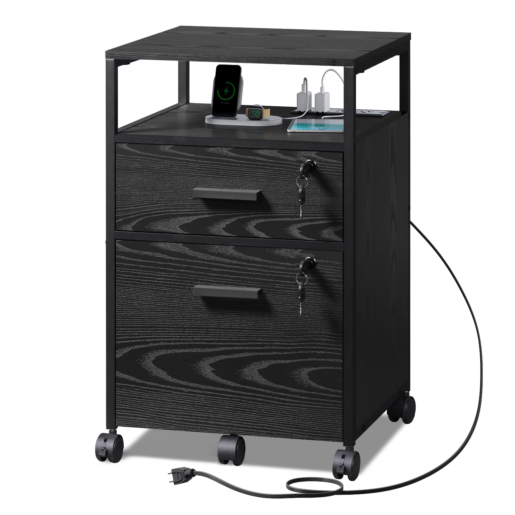 DEVAISE 2 Drawer File Cabinet with Lock and Charging Station, Wood Filing Cabinet fits A4 or Letter Size, Mobile Printer Stand with Open Storage Shelf