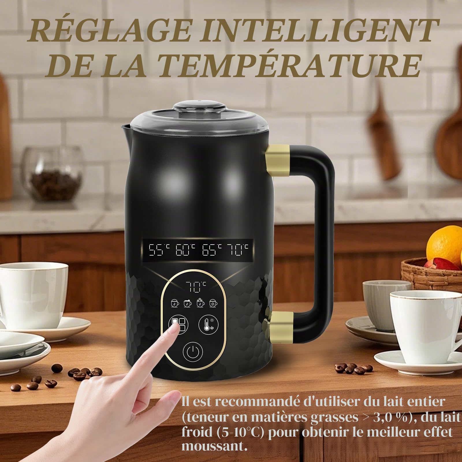 Mousseur électrique 4 en 1 - lait pour chocolat chaud et mousse chaude/froide - Contrôle de température, 2 fouets pour cappuccino