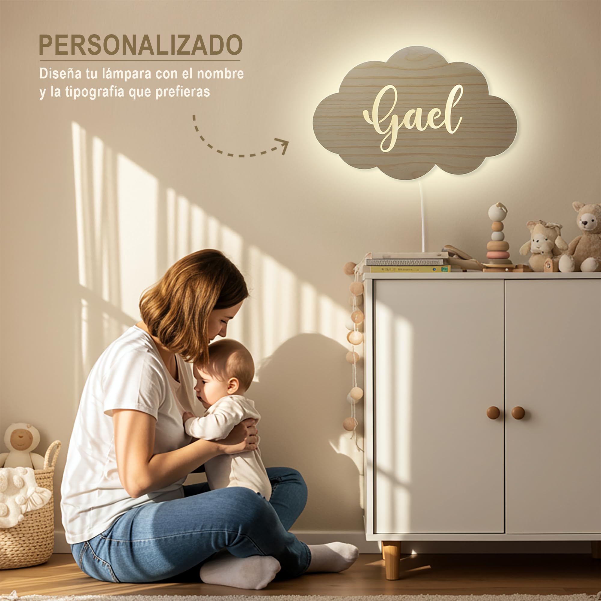 Dehome - Lámpara de Pared Infantil Personalizada LED - Diseño de Globo Nube Estrella Sol - Luz Nocturna de Madera para Bebés y Niños - Regalo Original y Decoración para Habitación Infantil (Nube)