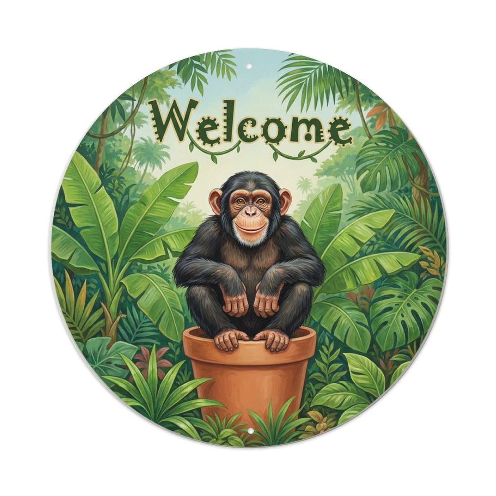 Metal Tin Sign Welcome Chimpanzee Banana Leaf