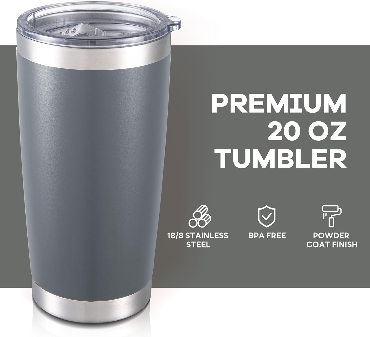20 oz Tumbler with Lid Stainless Steel Double Wall Vacuum Insulated Tumblers Powder Coated Cups Travel Mug Keep Drinks Cold and Hot, Grey - Image 2