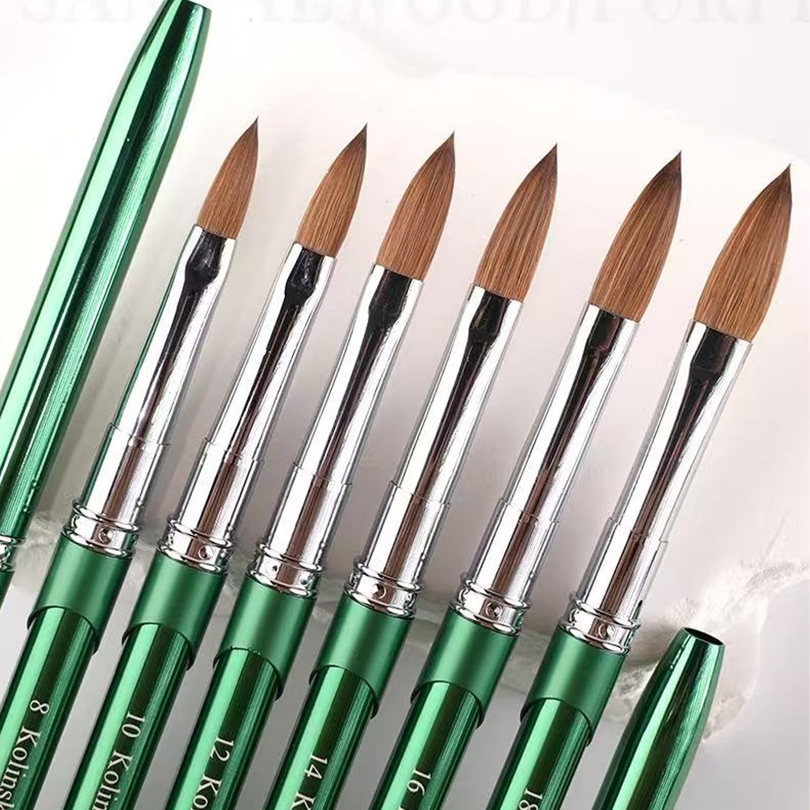 Kolinsky - Pinceles acrílicos para arte de uñas, 100 % de pelo puro Kolinsky, mango de cristal cromado verde con virola plateada de forma redonda para mujeres y niñas, accesorios de manicura, tamaño