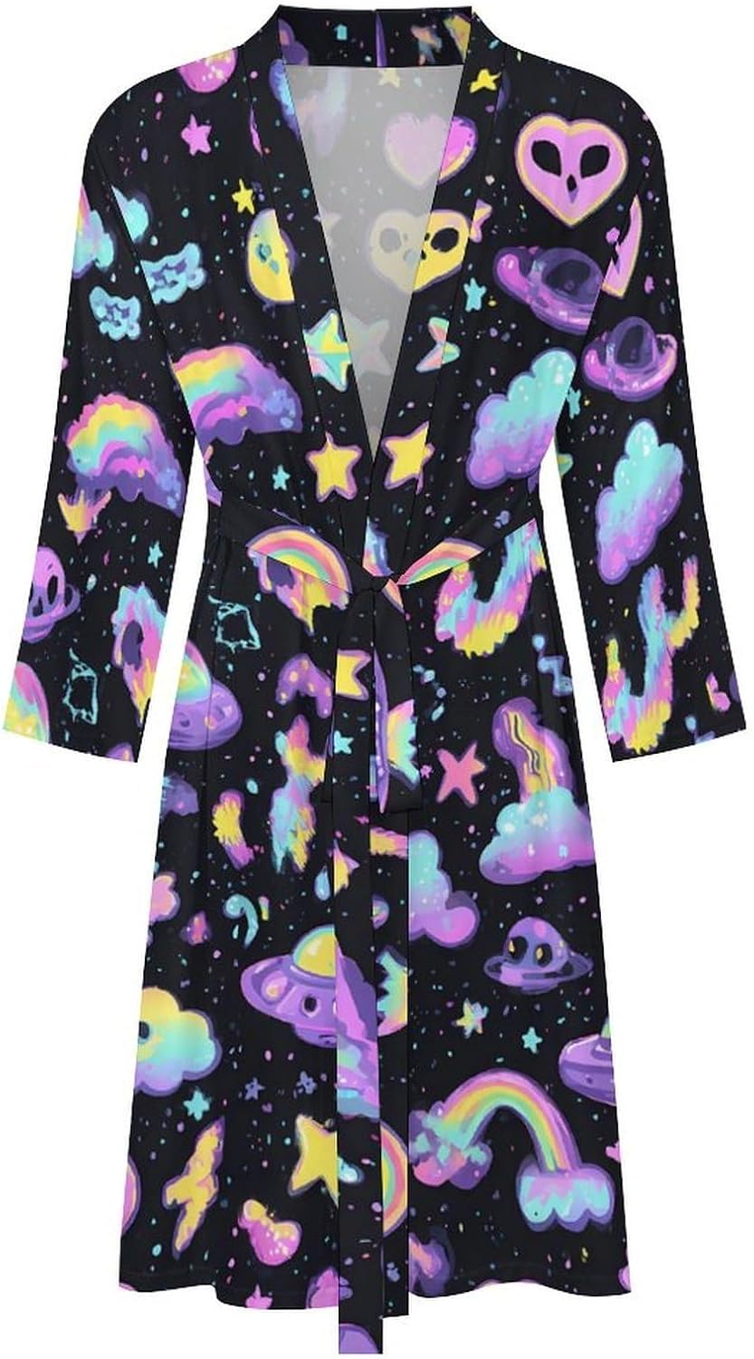 Aliens Neon Rainbow Casual Robes Bathrobe Knee Length V-neck Loungewear Sleepwear