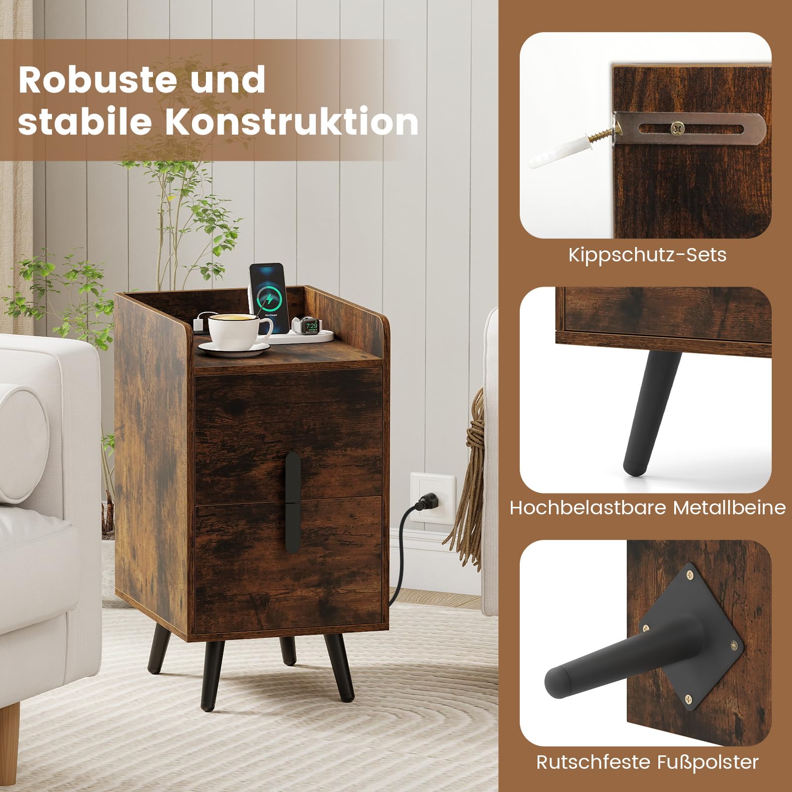COSTWAY Nachttisch mit Ladestation, schmaler Nachtschrank mit 2 Schubladen, Beistelltisch mit Metallbeinen, Nachtkommode für Schlafzimmer, Wohnzimmer, 40 x 32 x 60 cm (Rustikales Braun)