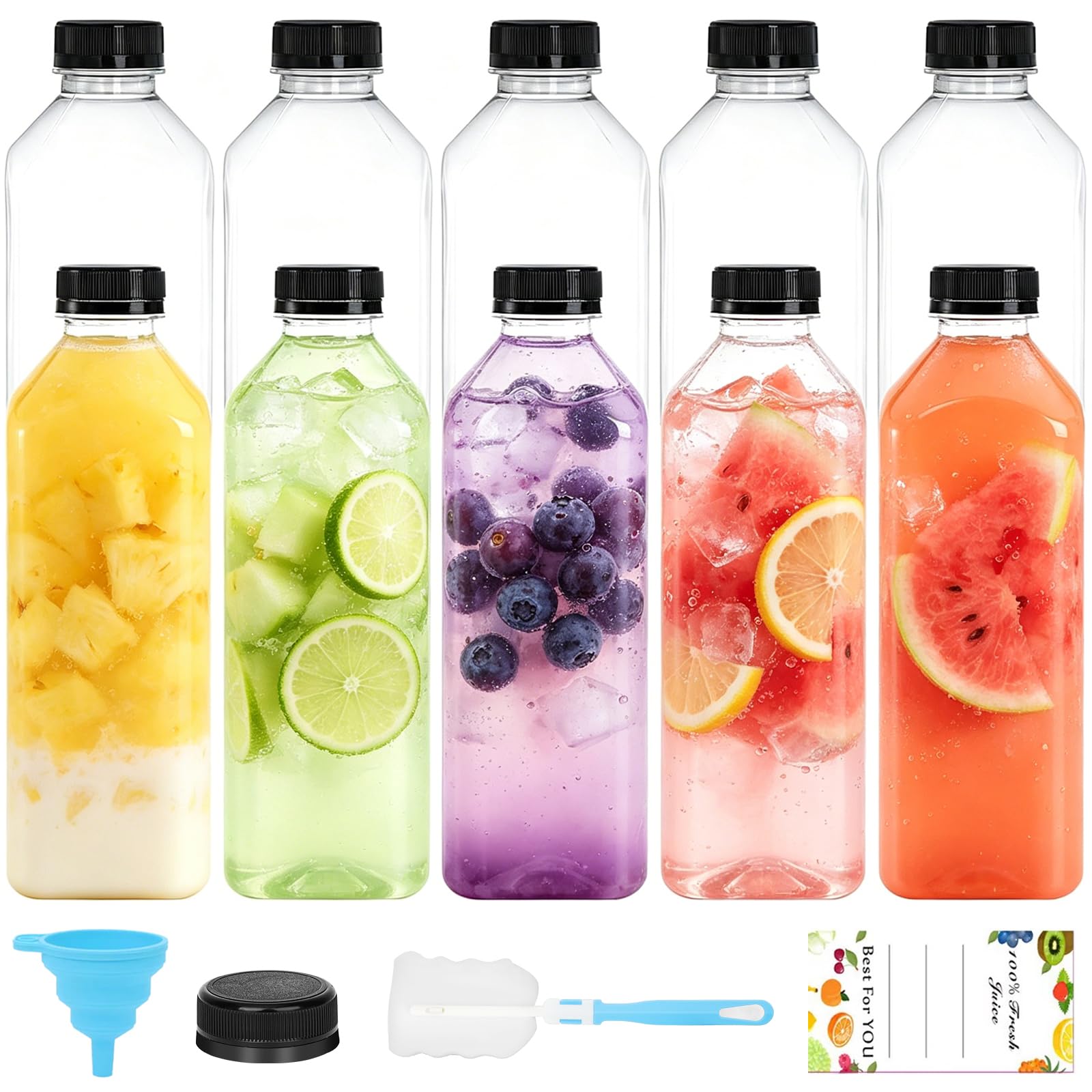 10 Pack 1000 ml Square Clear PET Plastic Juice Bottles with Black Lids