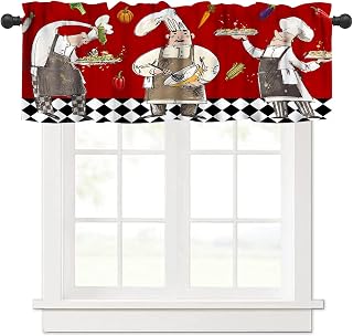 Chef Kitchen Valance Curtains,Retro Cartoon Country Plaid Funny Fruit Watercolour Cooking Tasty Chef Valances Short Panel Blackout Treatment Drapes for Dining Hal Living Room 54x 18 in