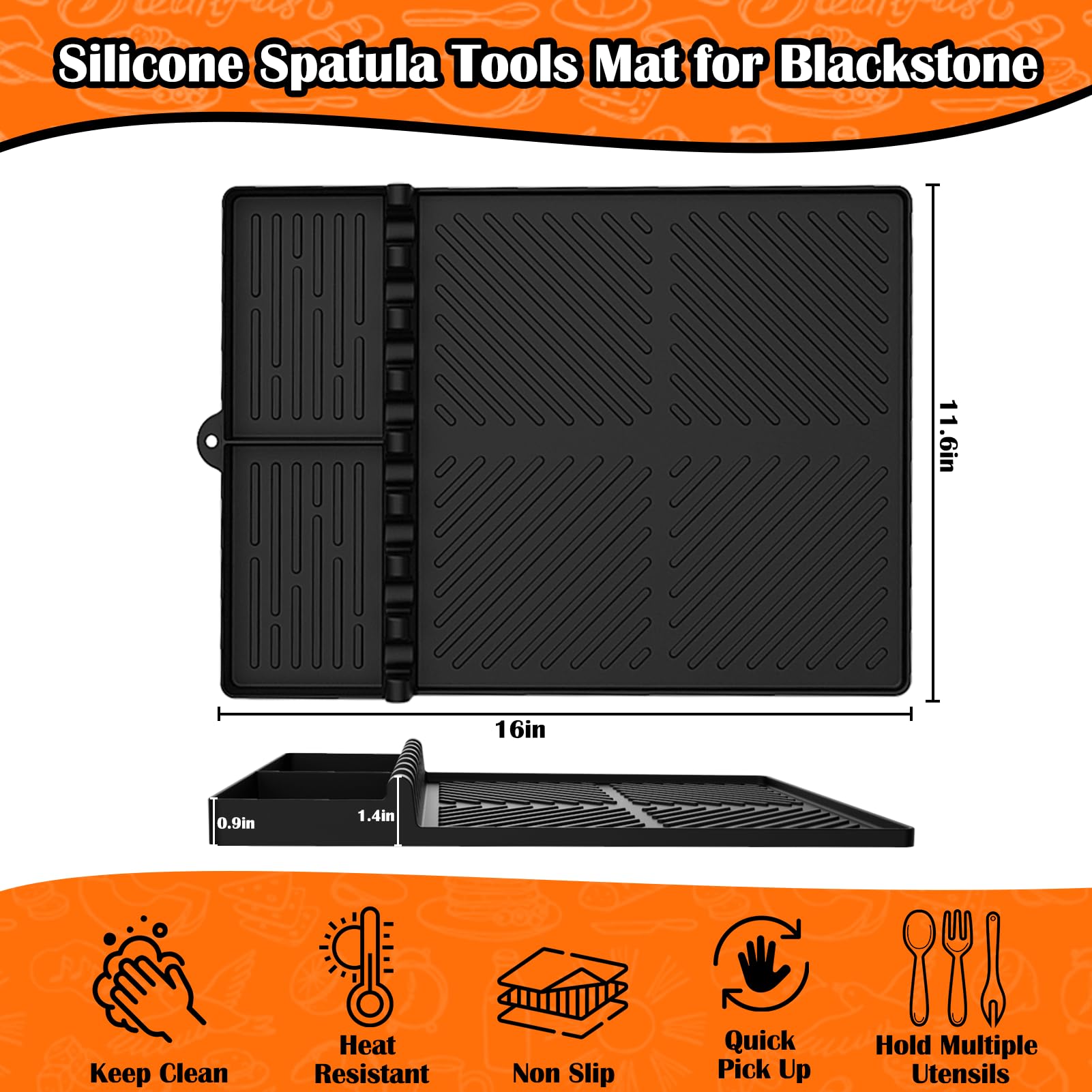 Silikon-Grillmatte Für Blackstone – Große Spatelmatte Mit Tropf-Pad & 8 Slots, Hitzebeständig Bis 260°C, Orange
