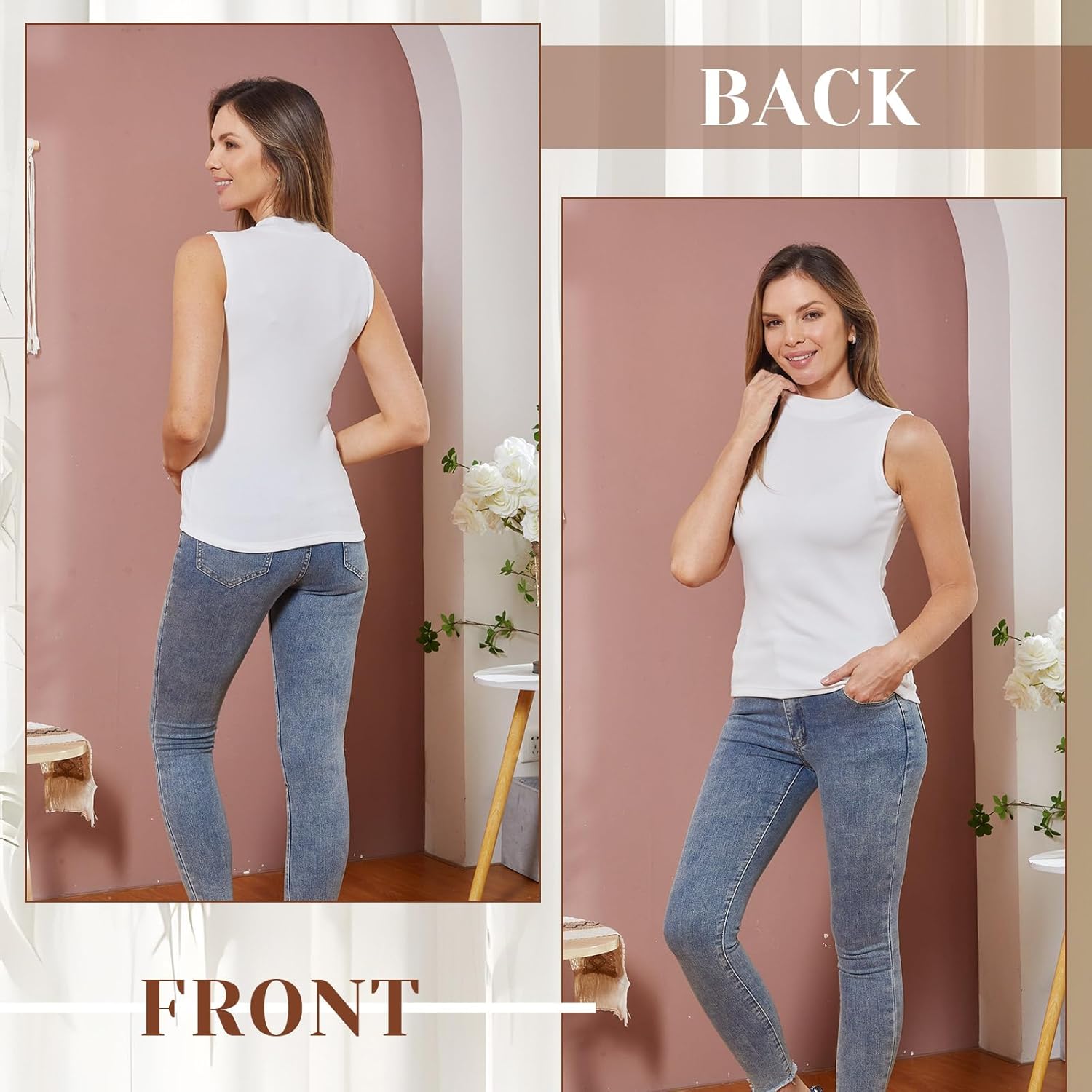 Toulite 4 Pack Women's Mock Turtleneck Sleeveless Tops Fleece Stretch Slim Fitted Mock Neck Tank Tops Winter Basic T Shirts - Image 6