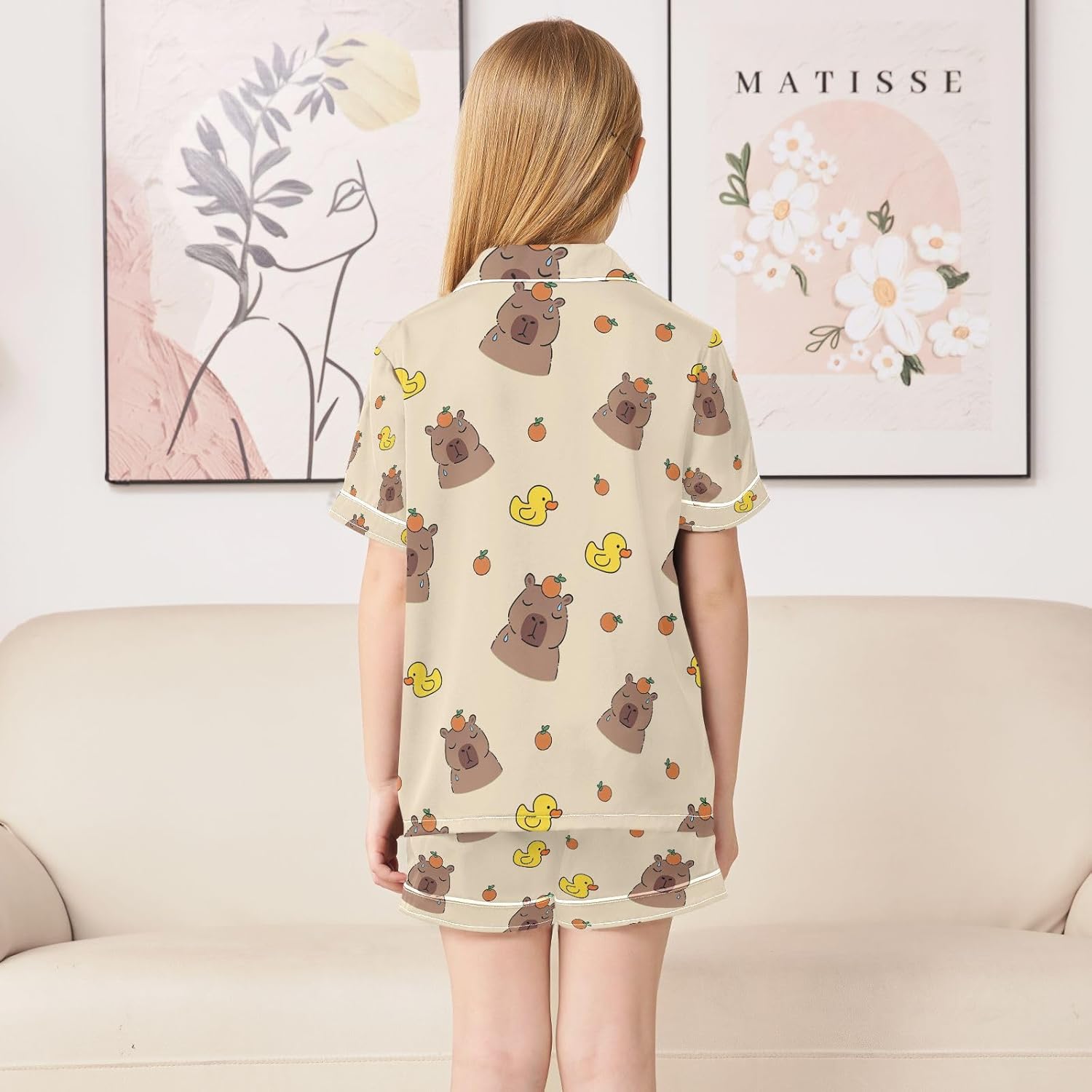 senya Capybara with Rubber Ducks Satin Summer Pajama Sets Silk Short Sleeve Button Down Sleepwear