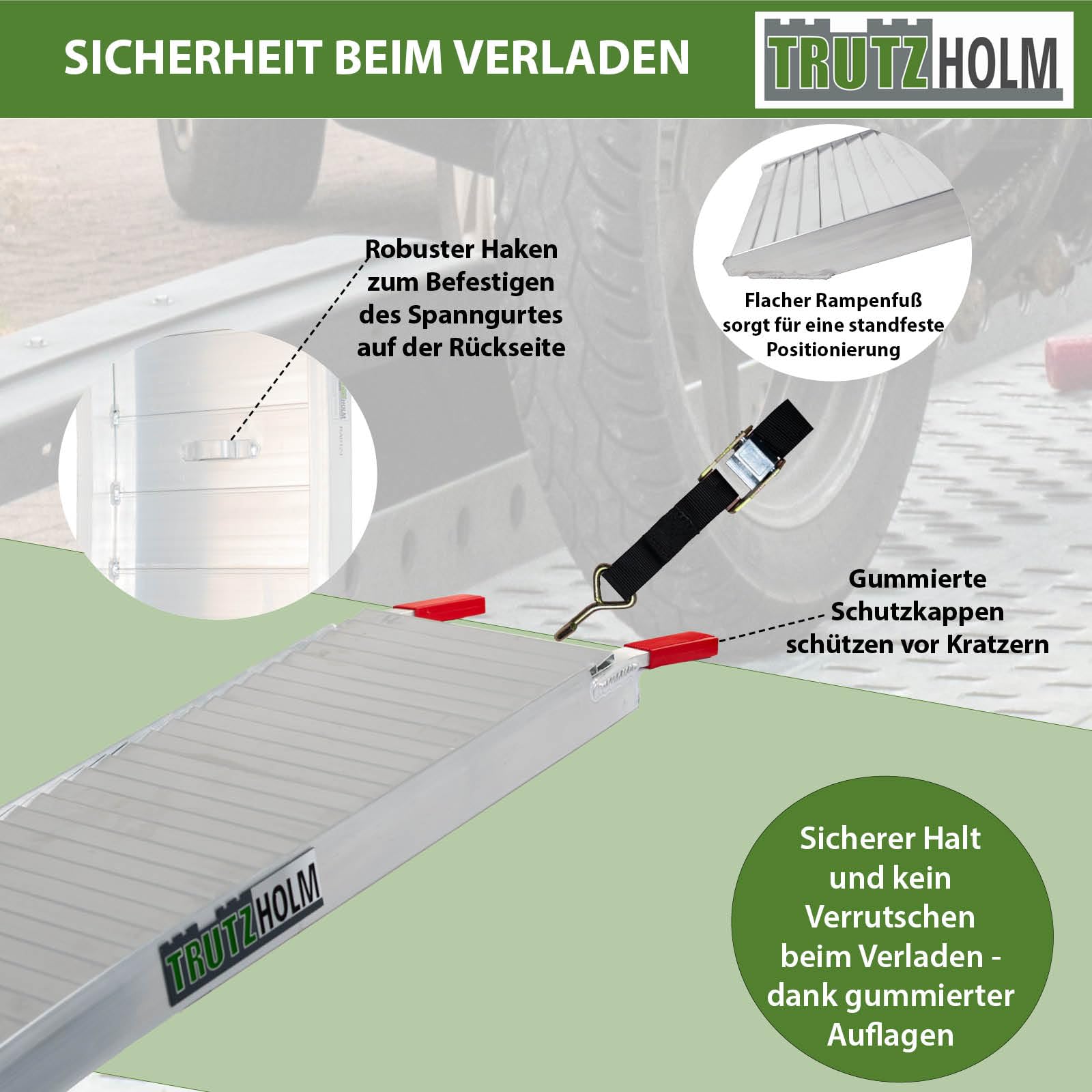 TRUTZHOLM 2x Auffahrrampe Alu klappbar 205 cm 340 kg Traglast je Rampe rutschfeste Lauffläche Breite 28 cm faltbare Motorradrampe extra leicht Verladerampe mit stabiler Konstruktion inkl. 2x Spanngurt