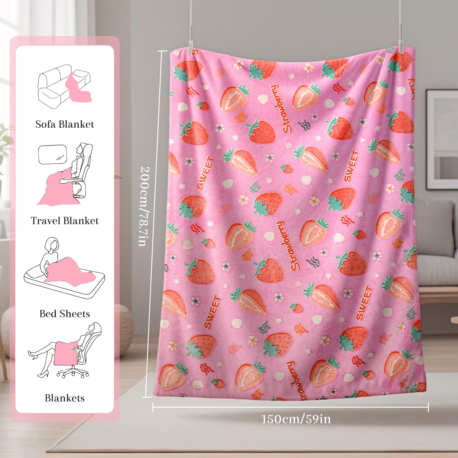 LXTOPN Cuddly Blanket for Children Girls Blanket Glows in the Dark Kids Blanket with Strawberry Pattern - Image 2