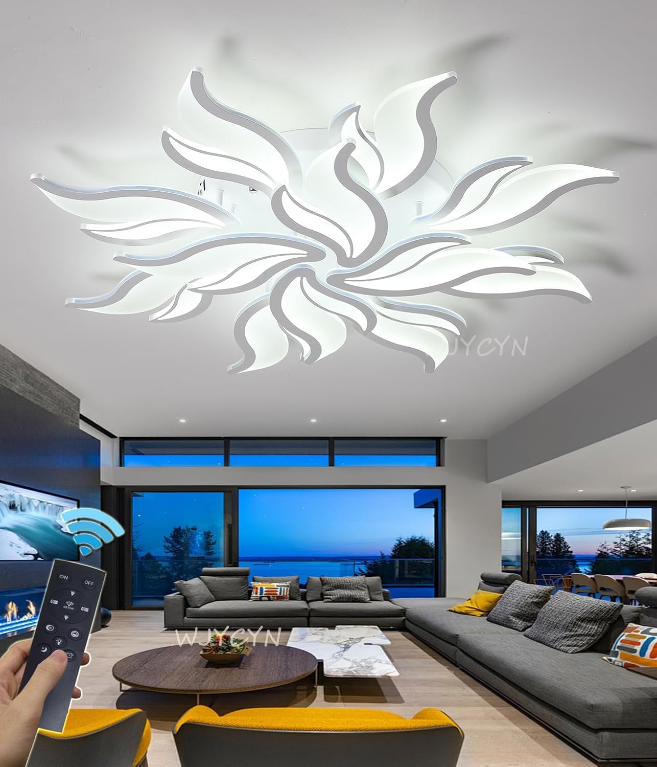 Plafonnier LED 15 branches grand lustre moderne de salon design fleur blanche 100cm