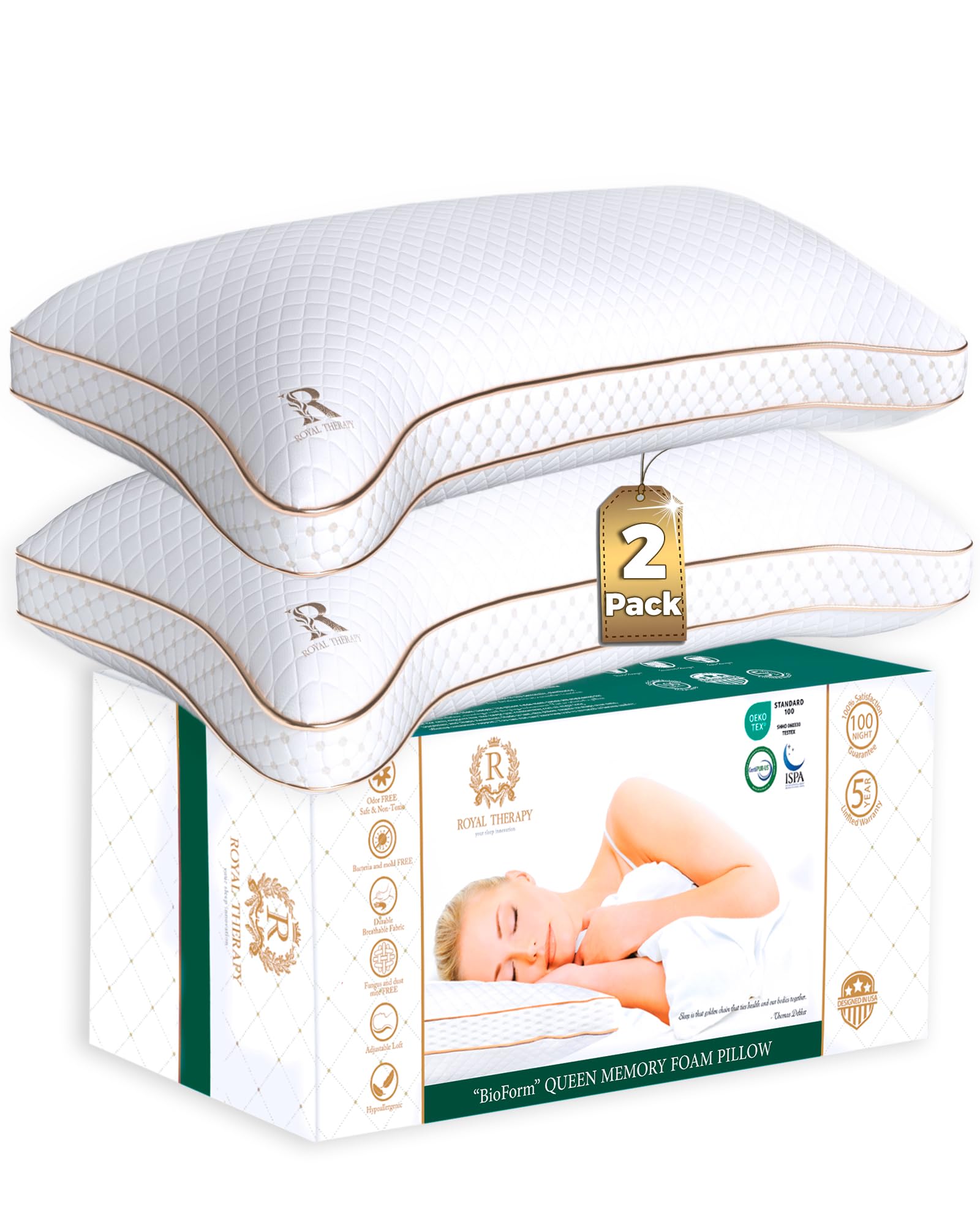 Royal Therapy King 2-Pack Memory Foam Pillow, Adjustable Shredded Odor-Free Cut-Out Bed Pillow for Neck &amp; Shoulder Pain Relief, Breathable Support for Back, Stomach, Side Sleepers, BioForm