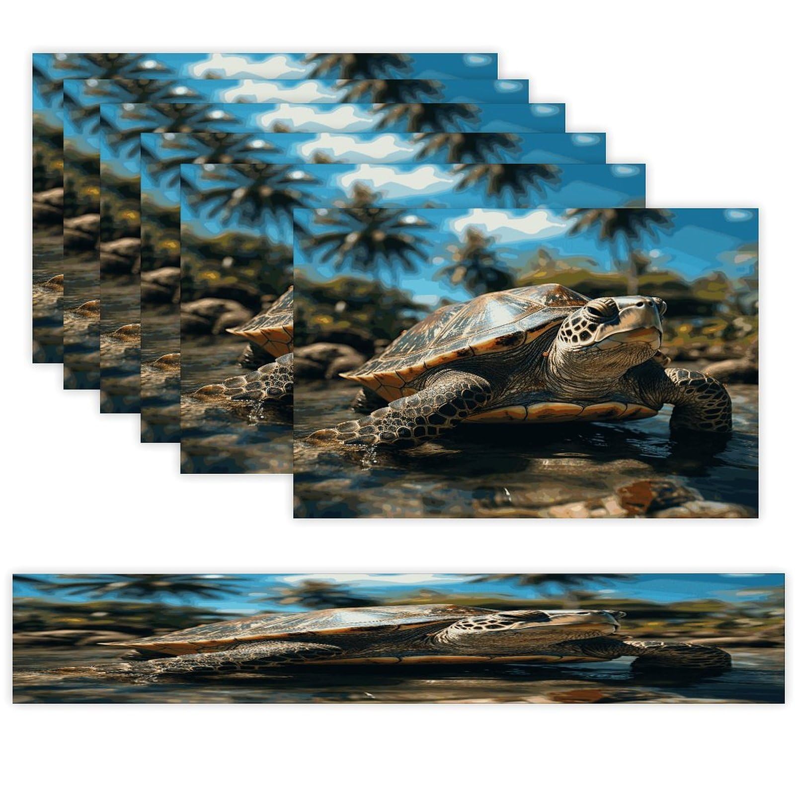 Big Turtle and Palm Trees Table Runner and Placemats Set of 6 for Kitchen Washable Table Mats Heat Resistant Place Mats Non-Slip Place Mat Wipeable Placemat(6 Placemats+1 Table Runner)