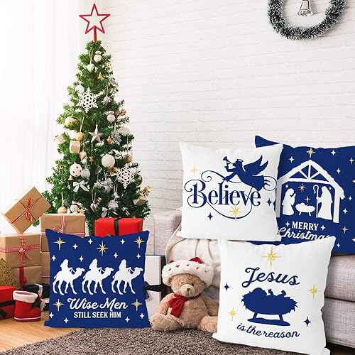 Miniatura 10 de Juego de 4 fundas de almohada navideñas de 16 x 16 pulgadas, fundas de almohada religiosas Navitity color rojo y blanco, para Navidad, invierno,