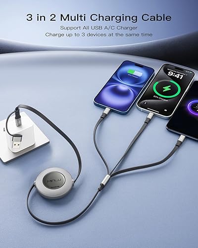 Miniatura 2 de Minlu Cable de carga múltiple 3 en 2, paquete de 2 cargadores retráctiles de 4 pies para todos los dispositivos, adaptador de cable de carga