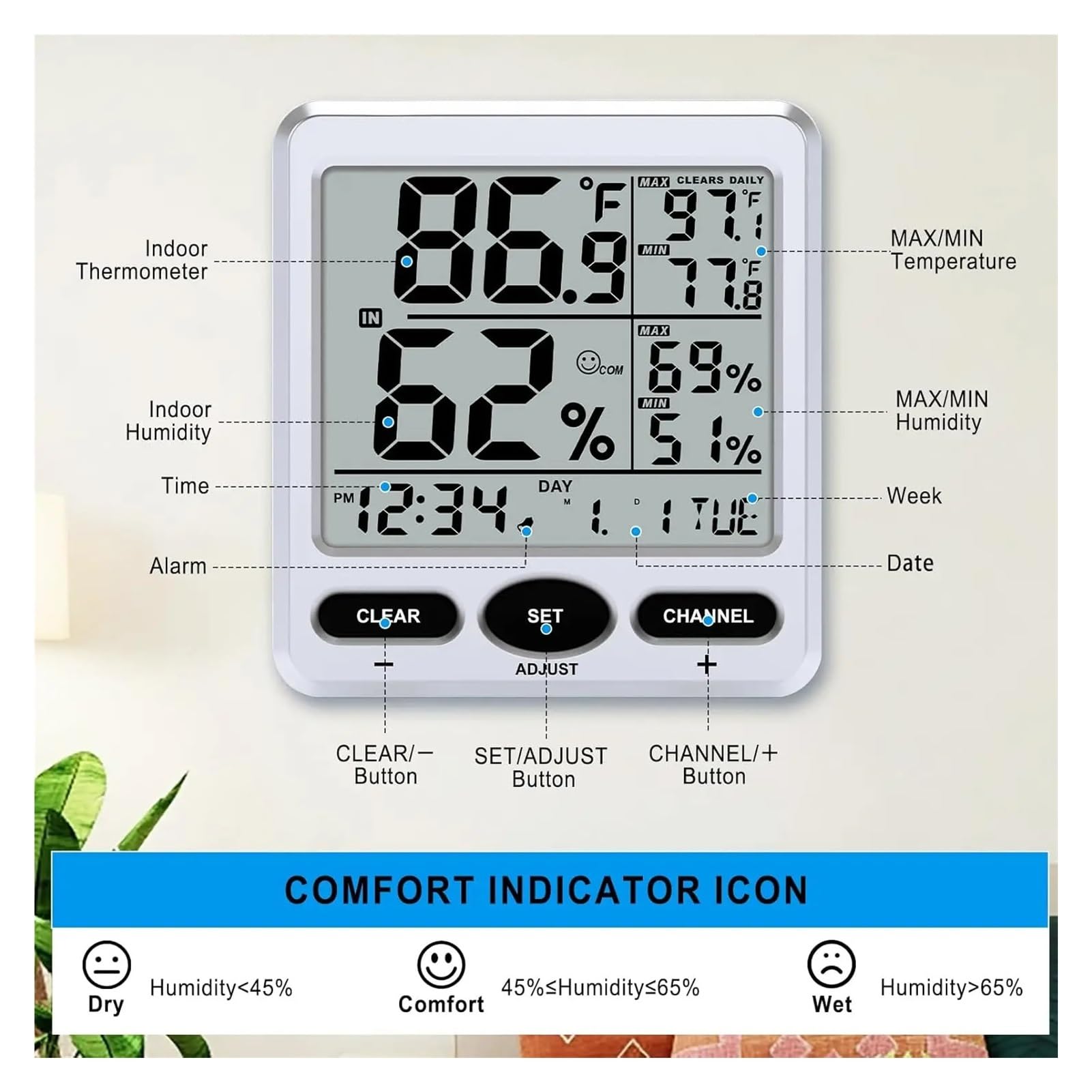 Digitales Thermometer-Hygrometer, Innenmonitor mit Alarm(WHITE)