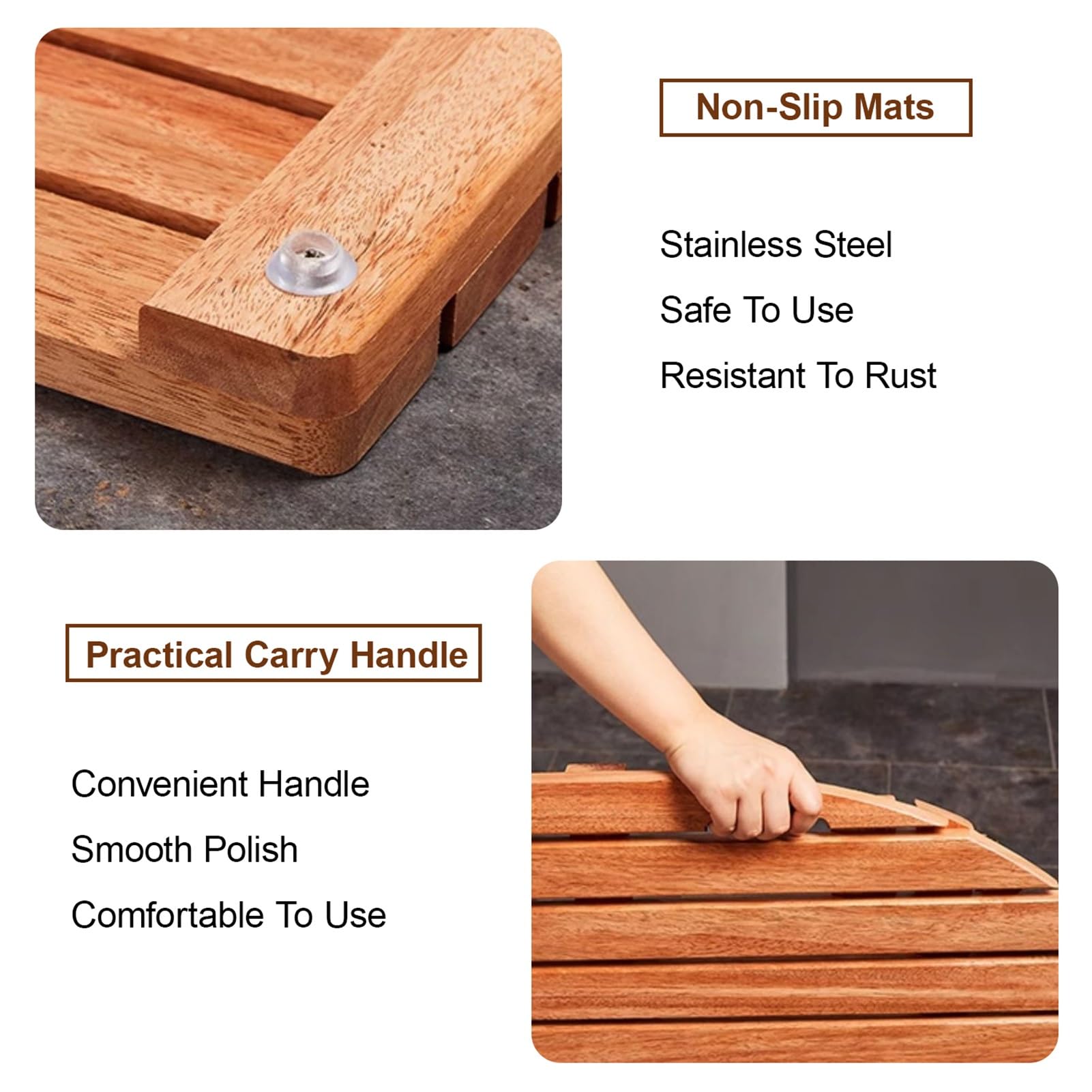 Rutschfeste Lar Teak-Duschbodenmatte mit Ablaufloch, 30 x 55 cm, Badematte für Innen- und Außenbereich, Wellnessbereich, Holz-Duschmatte für Badezimmer und Hof