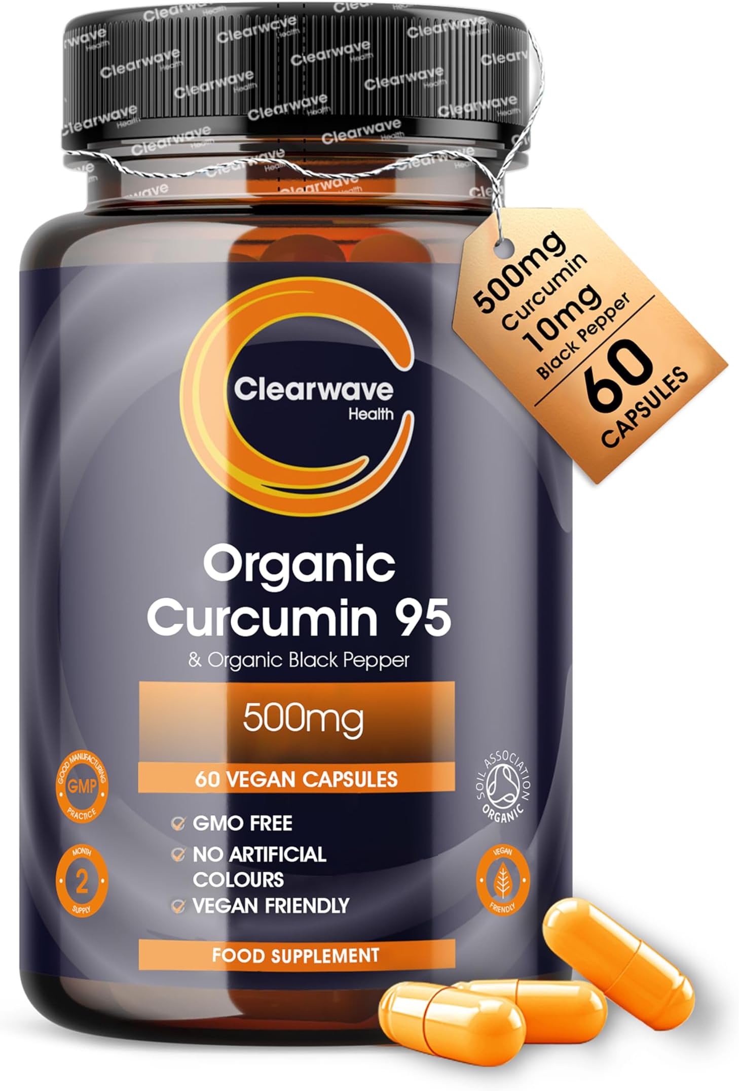 Curcumin 95 | Organic | Curcumin Capsules high Strength with Black Pepper | 500mg 95% Curcuminoids & 10mg Organic Black Pepper | 60 Capsules 2 Month Supply | By Clearwave Health