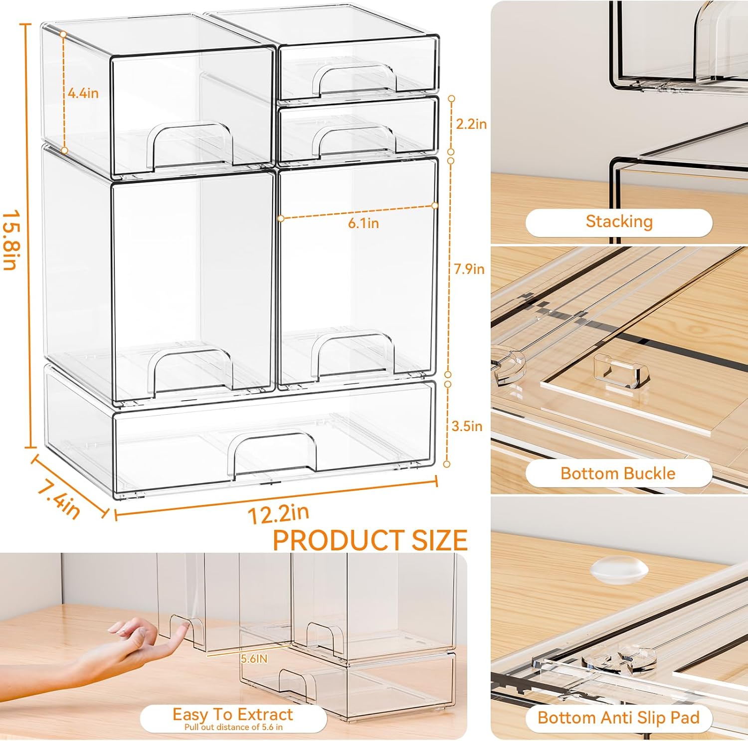 Yieach 6 Set Clear Baby Bottle Organizer for Countertop,BPA FREE Bottle Station Organizer for Breast Pump Parts,Pacifier and Baby Accessories,Stackable Drawers for Bathroom,Cabinet,Pantry Organization