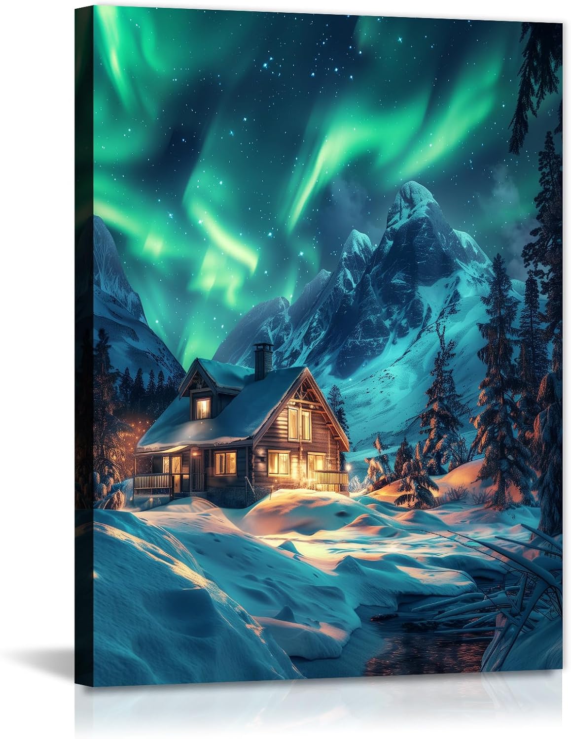 GLOKAKA Aurora Borealis Canvas Wall Art Snowy Forest Cabin and Campfire Pictures Print Winter Landscape Paintings Nature Artwork for Living Room Bedroom(Artwork-2,20"x30")
