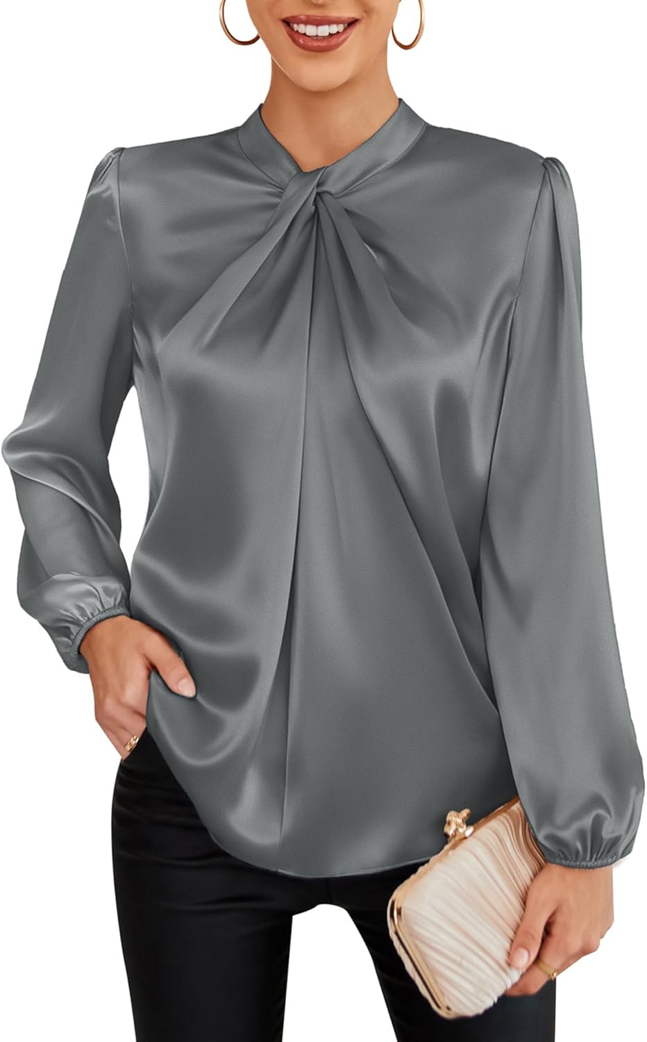 GRACE KARIN Women's Long Sleeve Satin Blouse,Mock Neck Work Silk Shirts,Dressy Tops for Business Casual Office