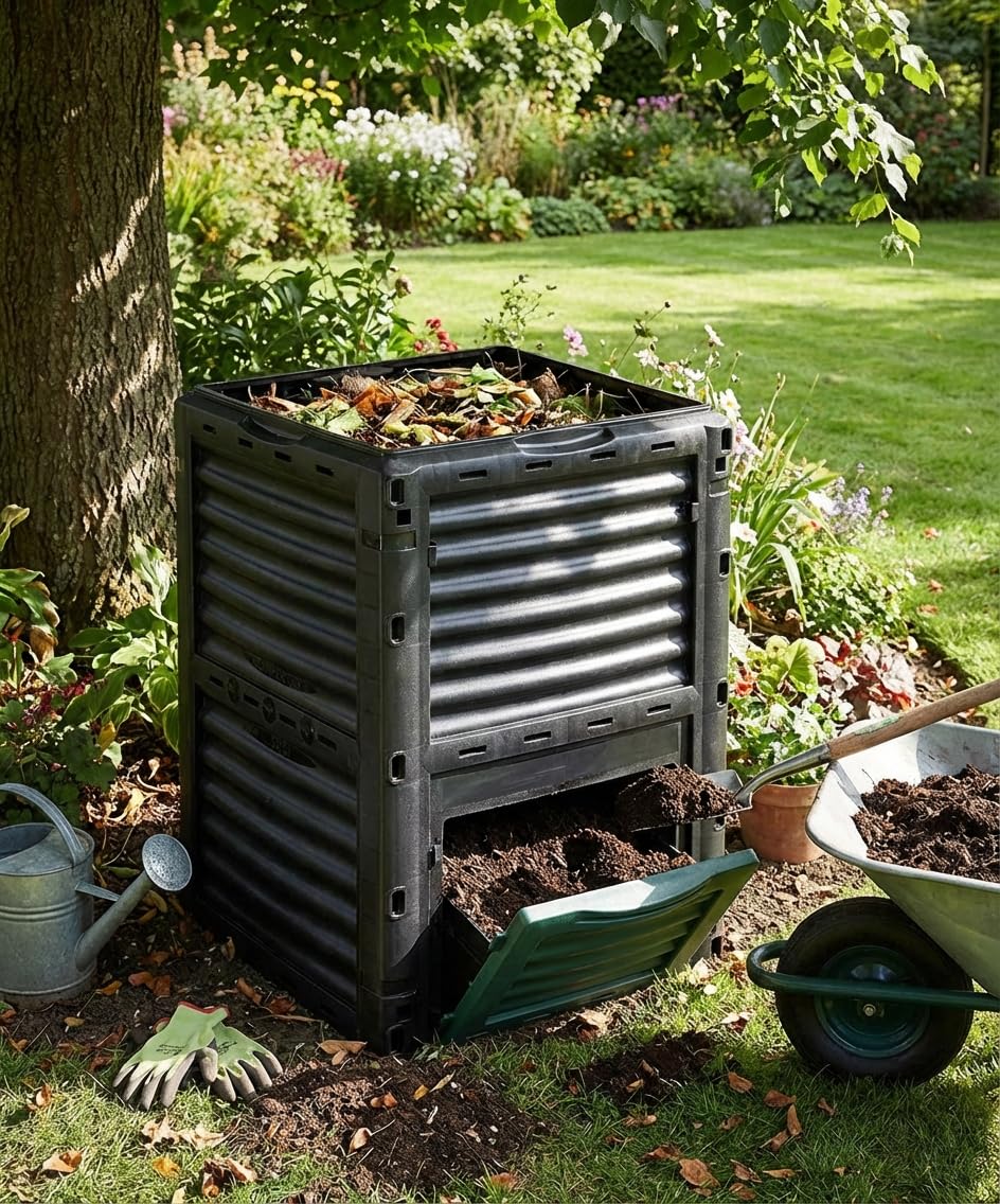 Compostiera termica da giardino, 300 l, di alta qualità, con coperchio ribaltabile, in plastica riciclata, 83 x 61 x 61 cm, prodotto UE