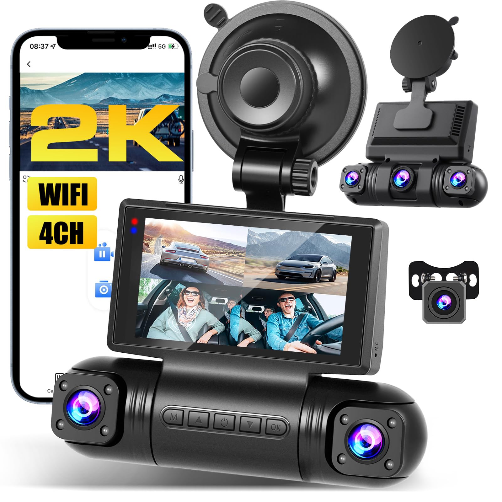 2K WiFi Dashcam Coche Delante Detrás Izquierda Derecha, 2K+1080P*3 FHD 4 Canales Dash CAM, Cámara para Coche 360°con Sensor-G Visión Nocturna Asistencia de Respaldo Detección de Movimiento