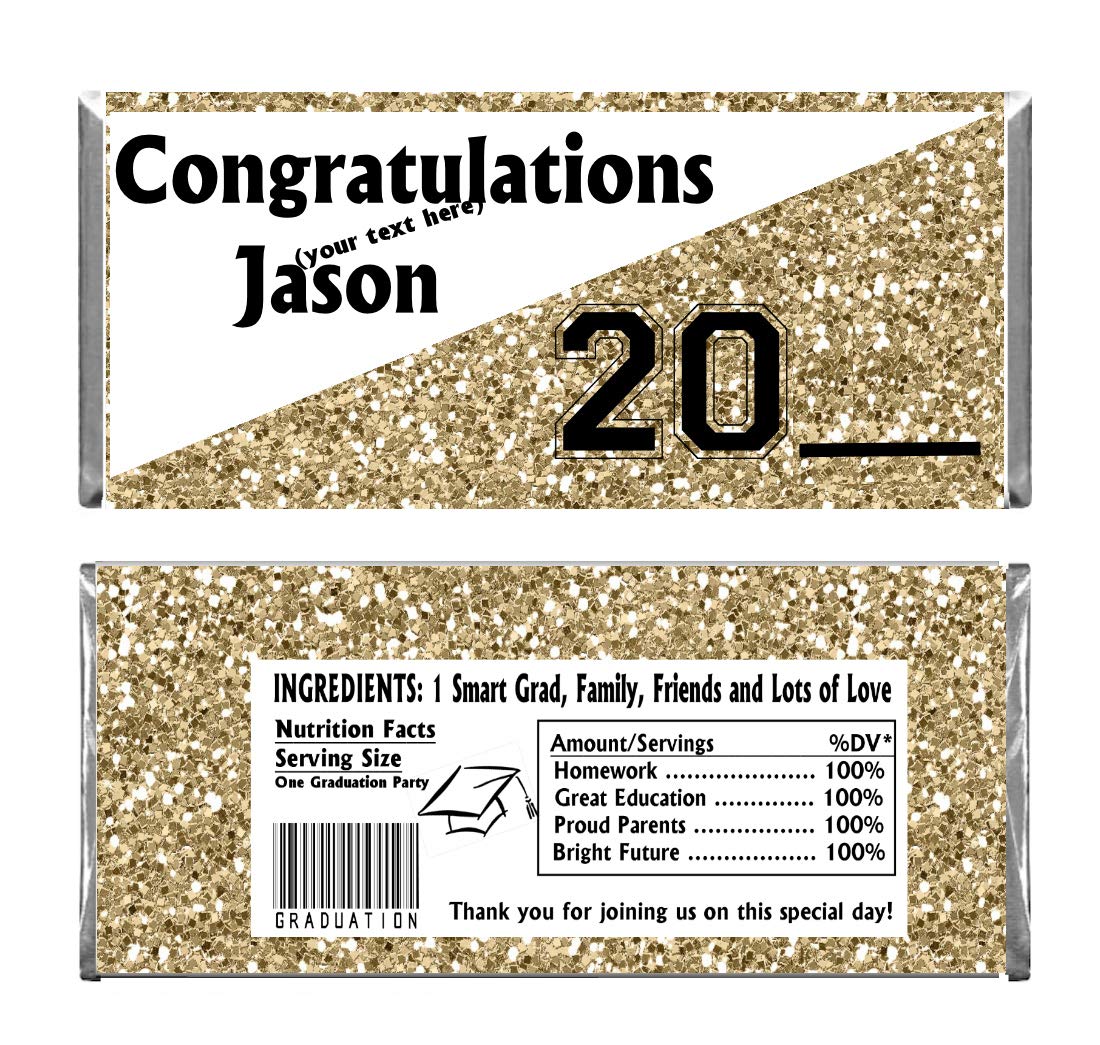 Gold Graduation Glitter Design Party Personalized Custom Chocolate Candy Bar WRAPPERS & FOILS ONLY Set of 24