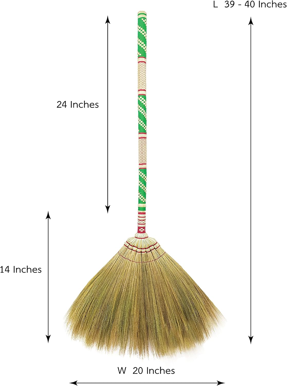 Natural Grass Broom Thai 100% ,Long Handle,Brooms for Floor Cleaning,Design for Home, Kitchen, Office, Courtyard, Tiled Floor ( Length 40 inch )