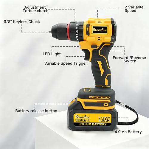 Miniatura 5 de Juego de taladro inalámbrico con batería y cargador, juego de herramientas de taladro eléctrico de 20 V, portabrocas sin llave de 12 pulgada,