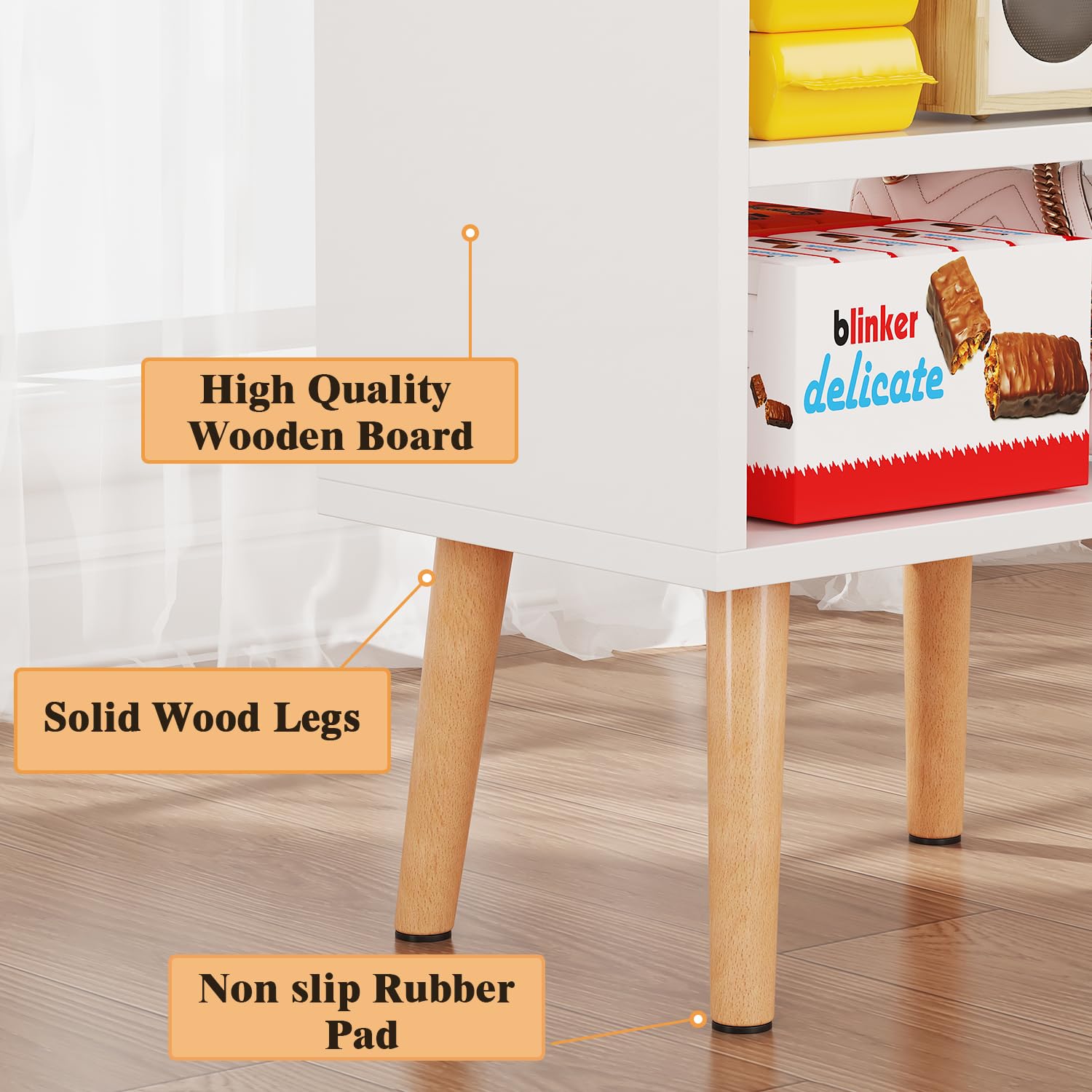 Mesita de noche moderna de mediados de siglo, mesita de noche de madera blanca, mesa auxiliar de 3 niveles con estantes de almacenamiento abiertos, mesita de noche pequeña para dormitorio, 6
